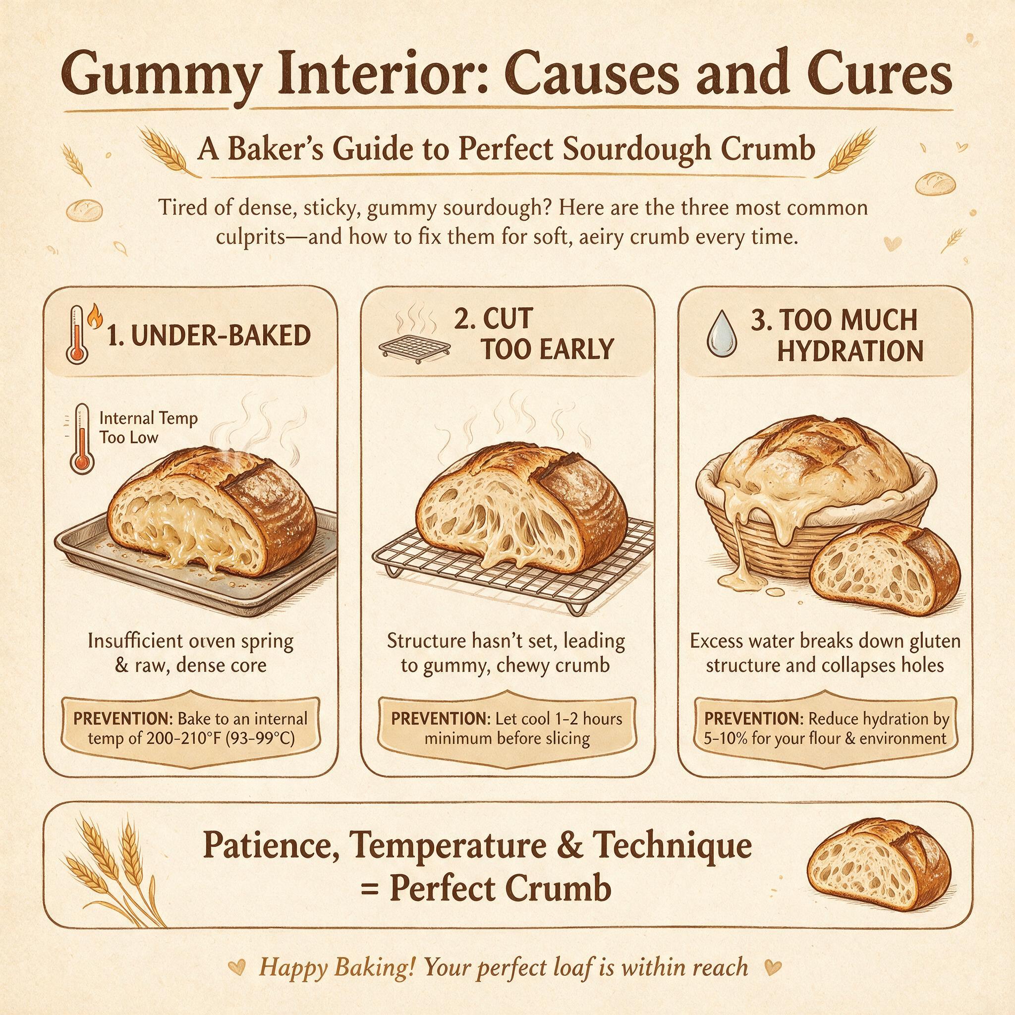 An infographic titled 'Gummy Interior: Causes and Cures' showing 3 causes: under-baked, cut too early, too much hydratio