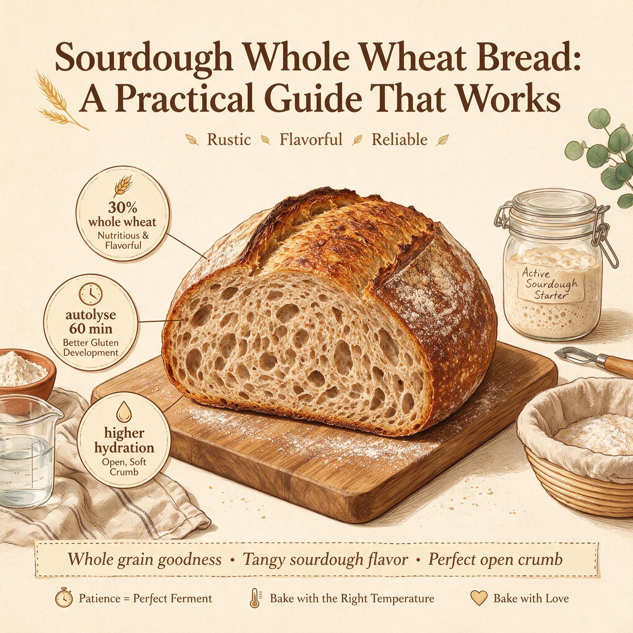 An infographic titled 'Sourdough Whole Wheat Bread: A Practical Guide That Works' showing a sliced whole wheat loaf with