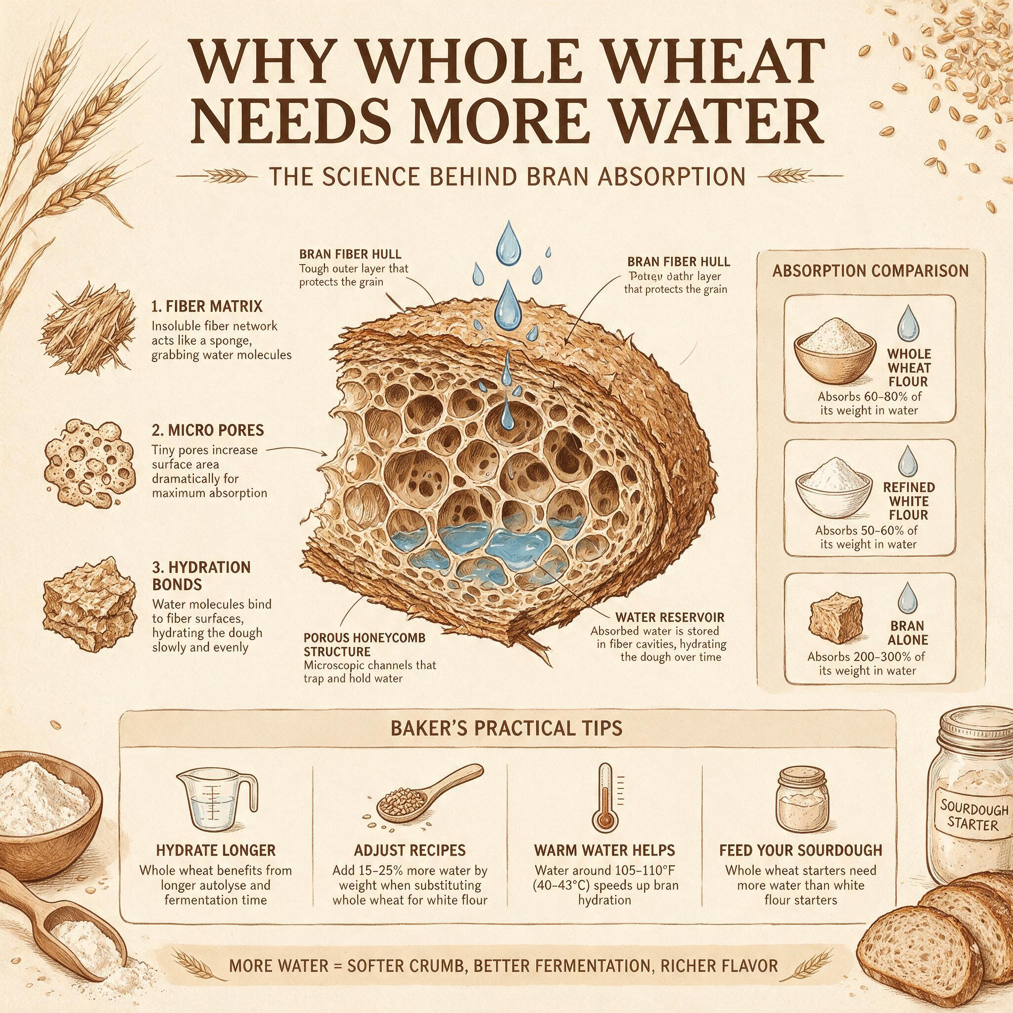 An infographic titled 'Why Whole Wheat Needs More Water' showing a wheat bran illustration with absorption diagram