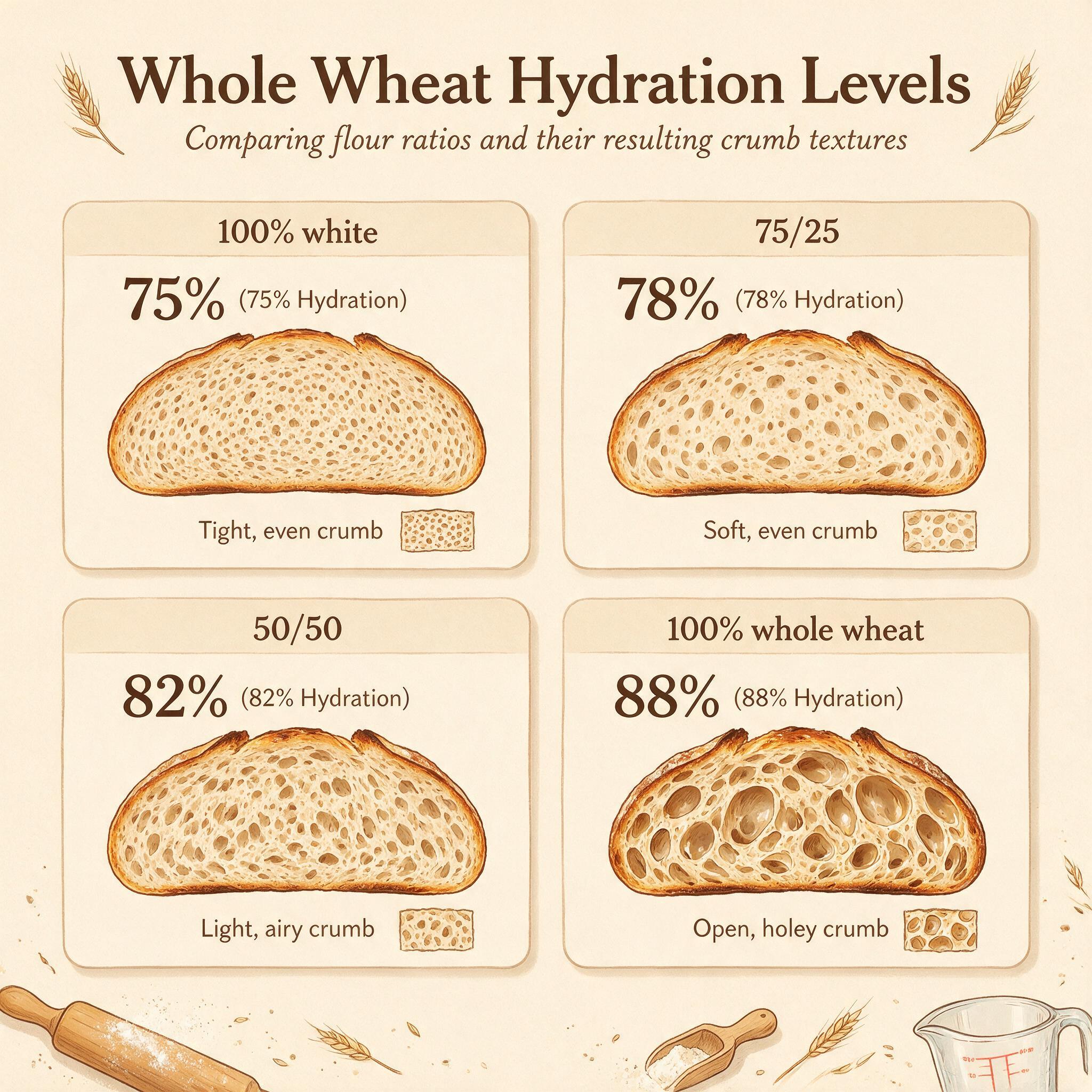 A chart infographic titled 'Whole Wheat Hydration Levels' showing 4 ratios: 100% white (75%), 75/25 (78%), 50/50 (82%), 