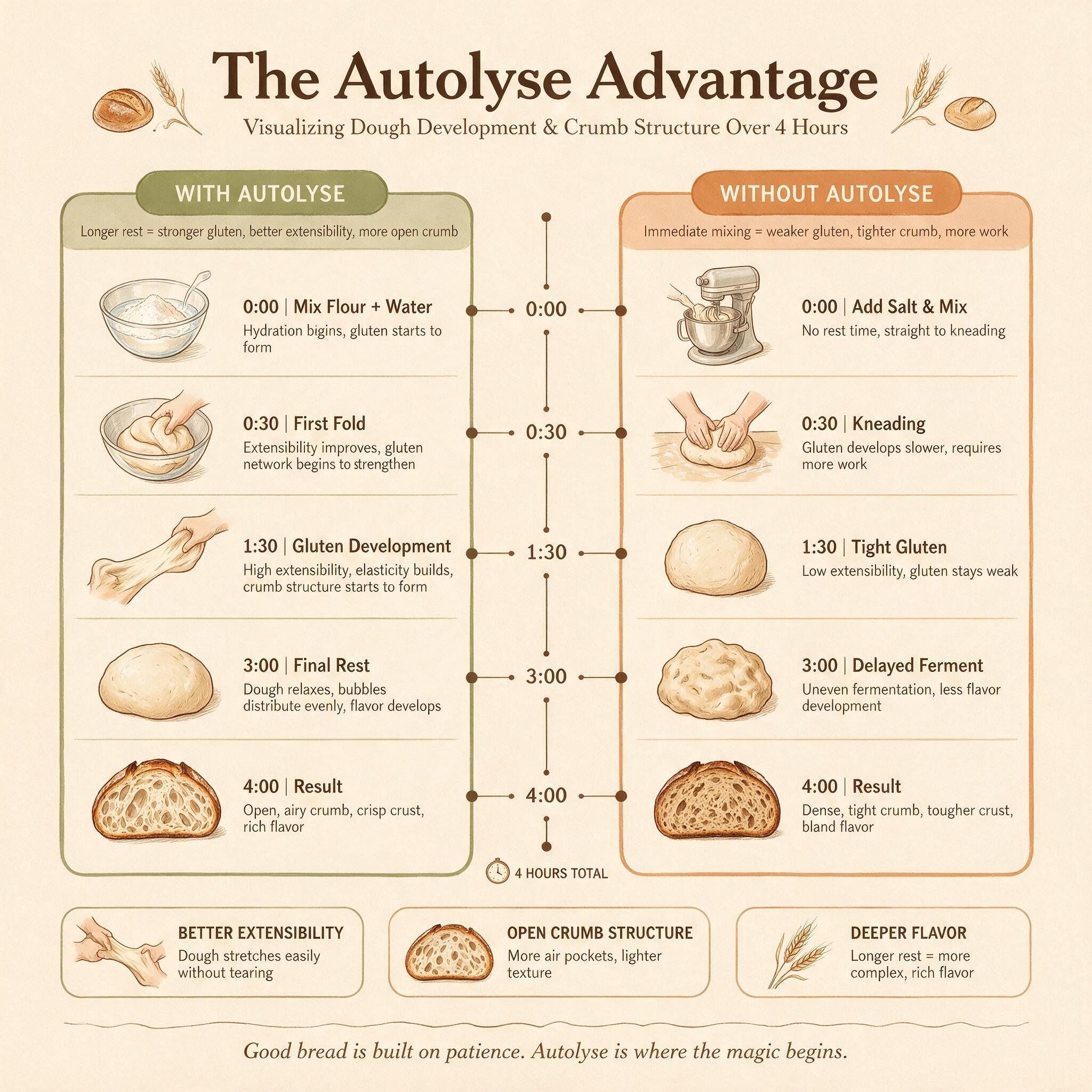 An infographic titled 'The Autolyse Advantage' showing a 4-hour timeline with and without autolyse