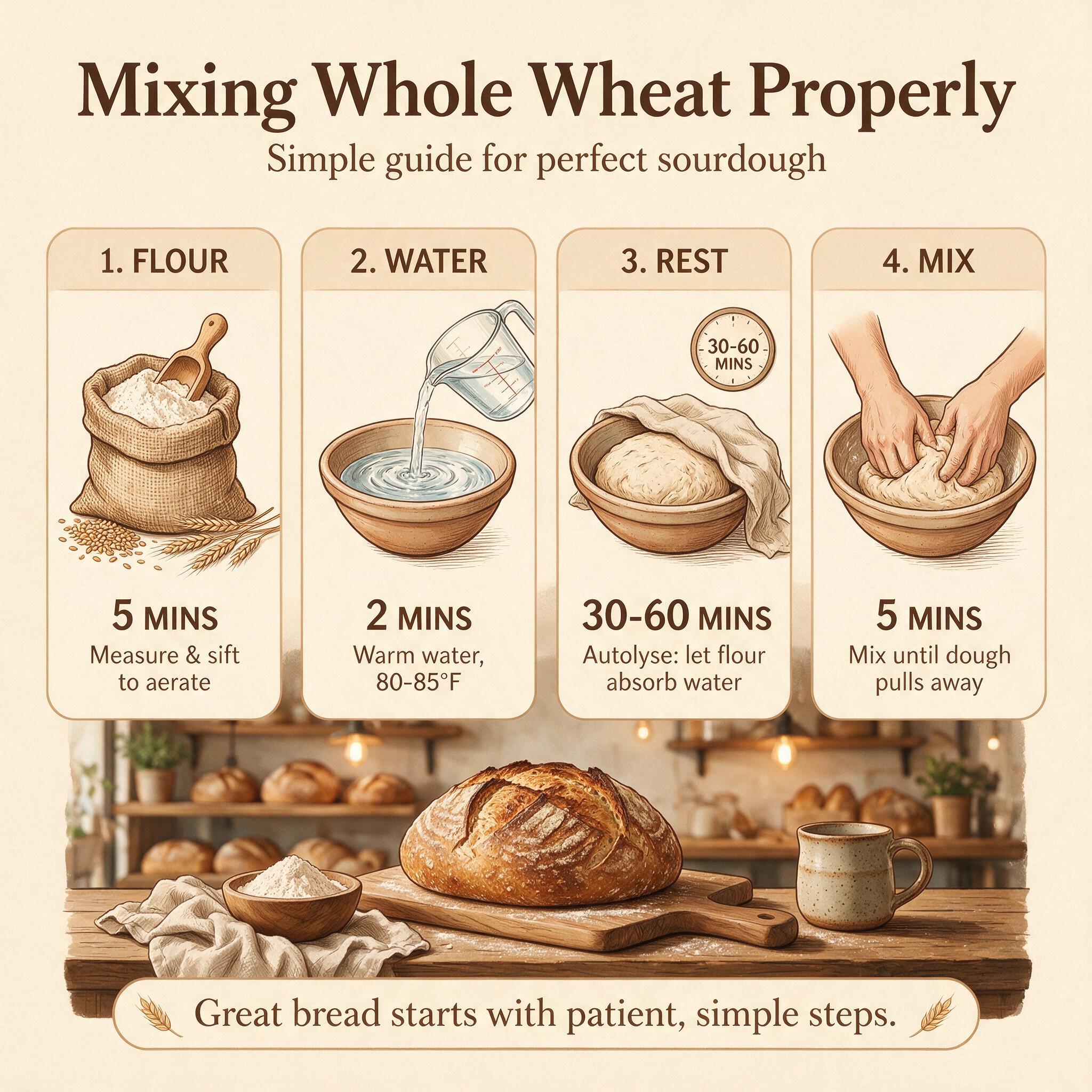 An infographic titled 'Mixing Whole Wheat Properly' showing 4 illustrated steps: flour, water, rest, mix