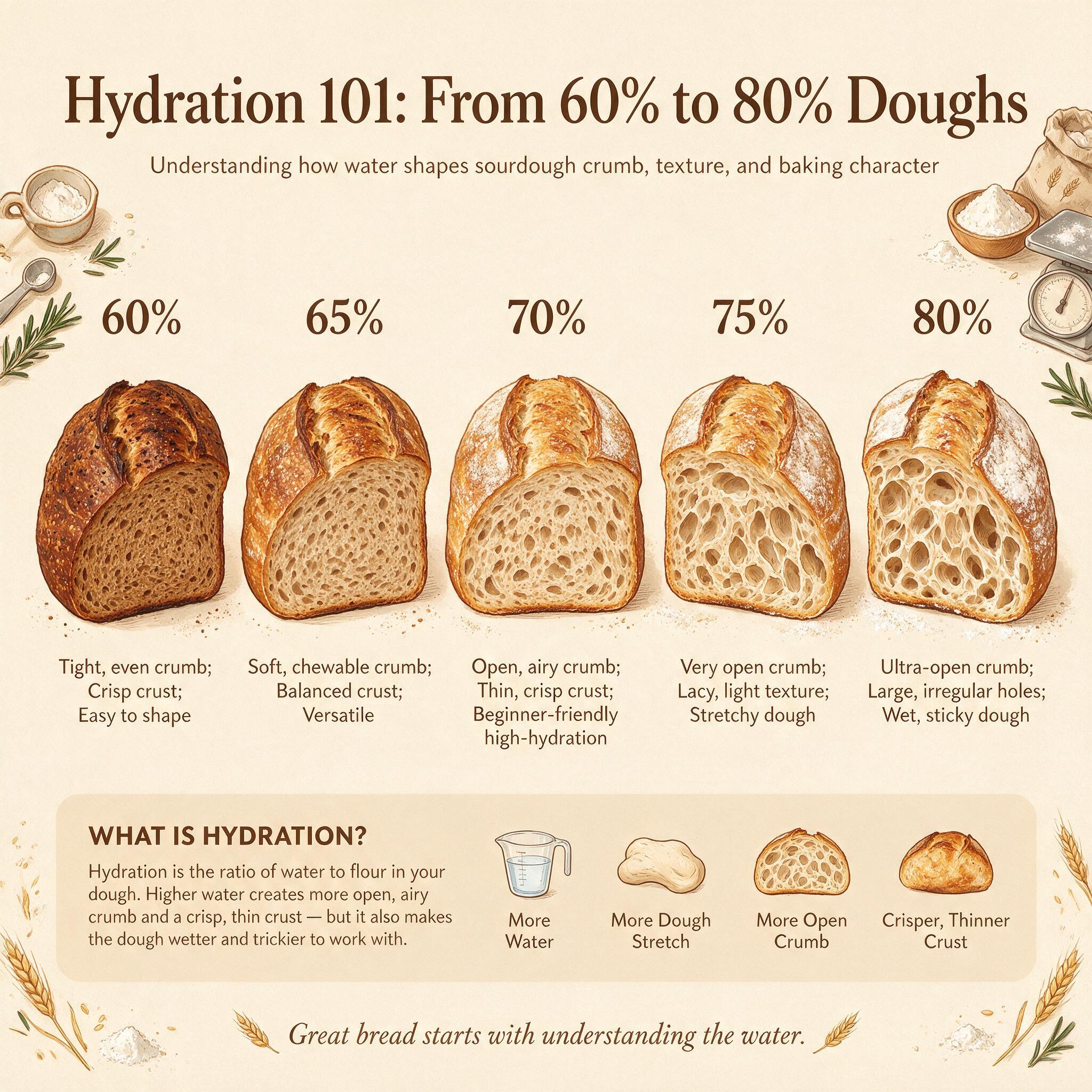 An infographic titled 'Hydration 101: From 60% to 80% Doughs' showing 5 illustrated loaves at different hydration levels