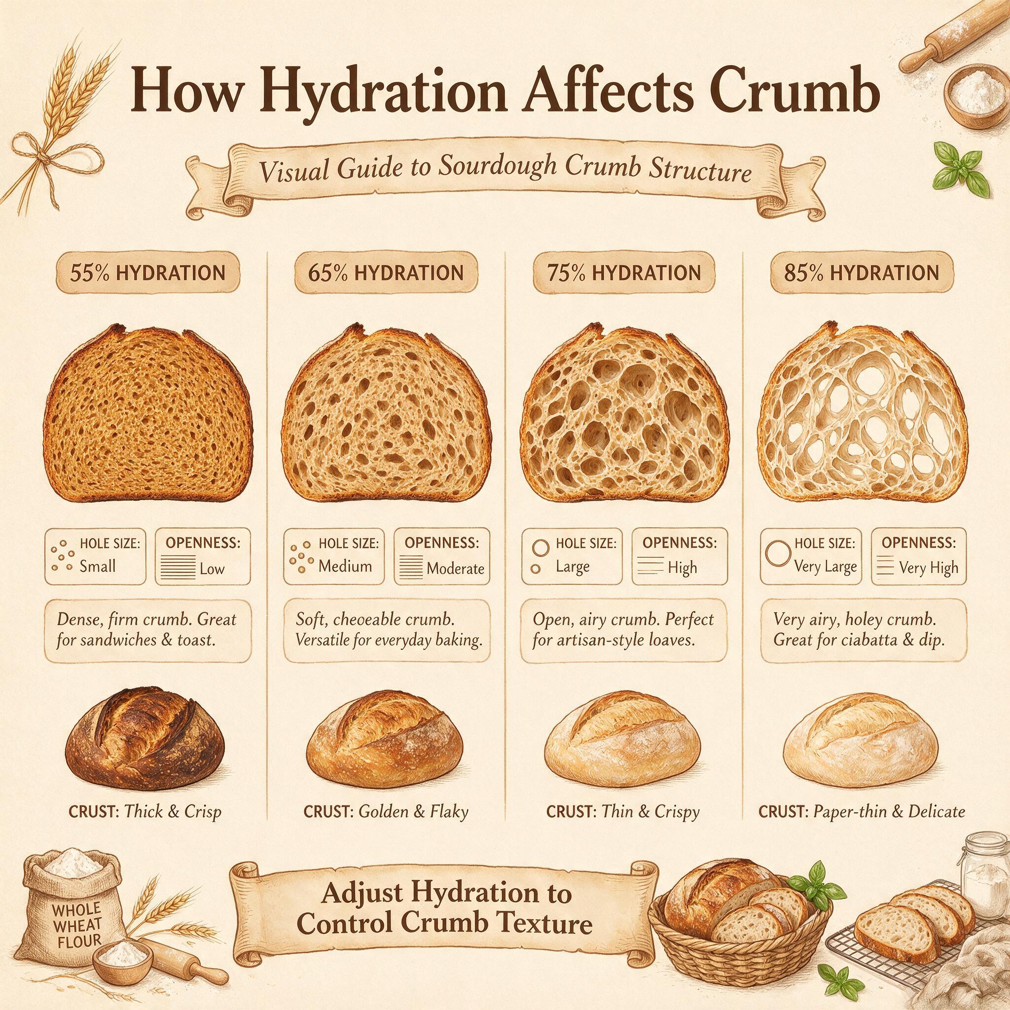 A chart infographic titled 'How Hydration Affects Crumb' showing 4 hydration levels with cross-section crumb illustratio
