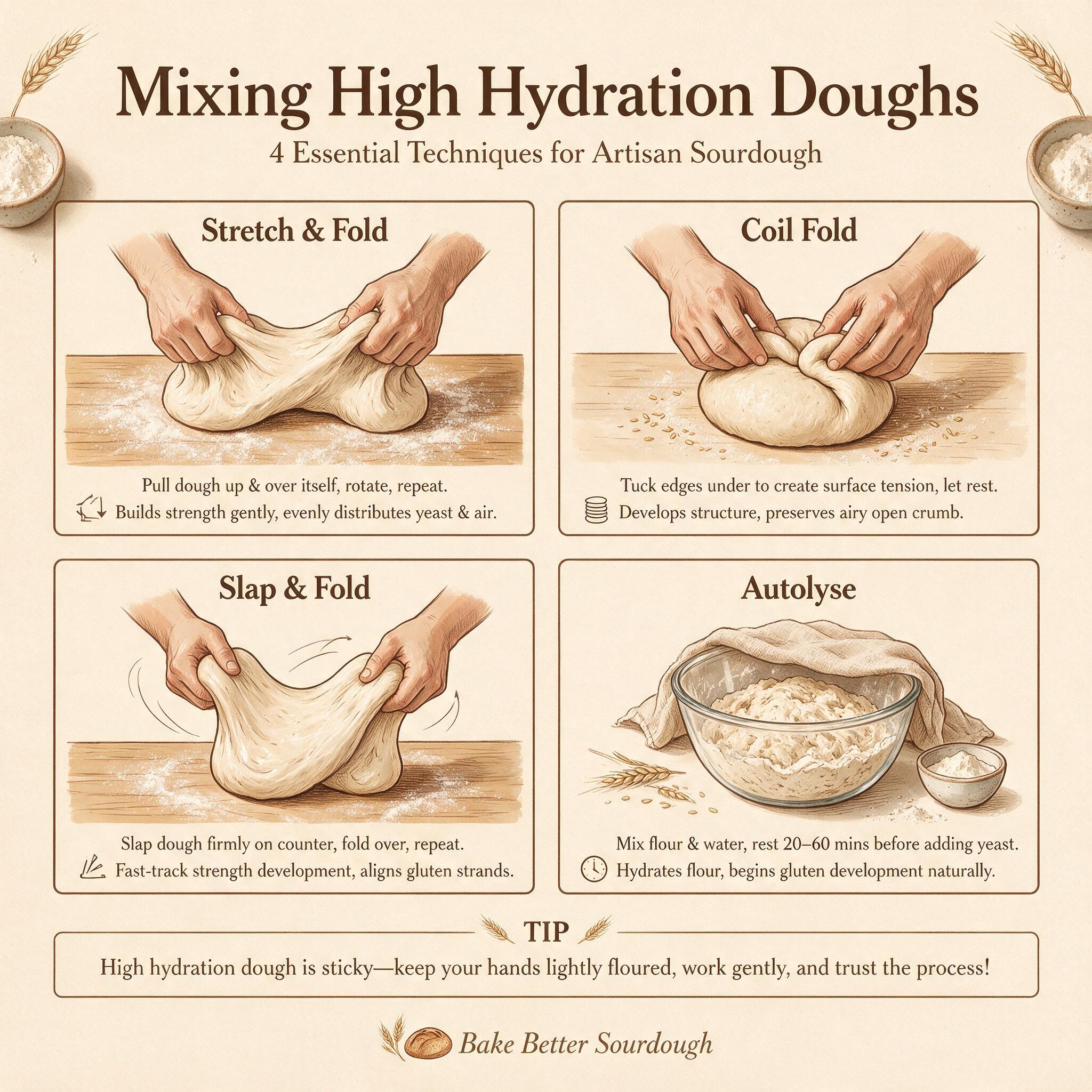 An infographic titled 'Mixing High Hydration Doughs' showing 4 illustrated techniques: stretch and fold, coil fold, slap