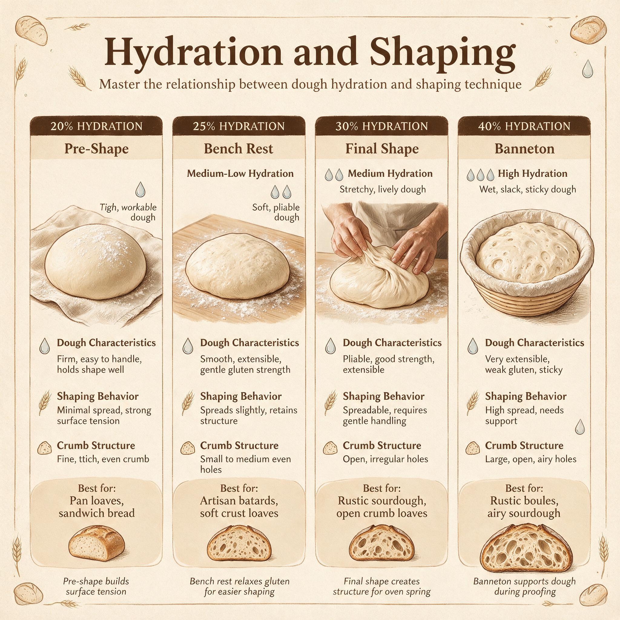 An infographic titled 'Hydration and Shaping' showing 4 hydration levels with shaping techniques: pre-shape, bench rest,