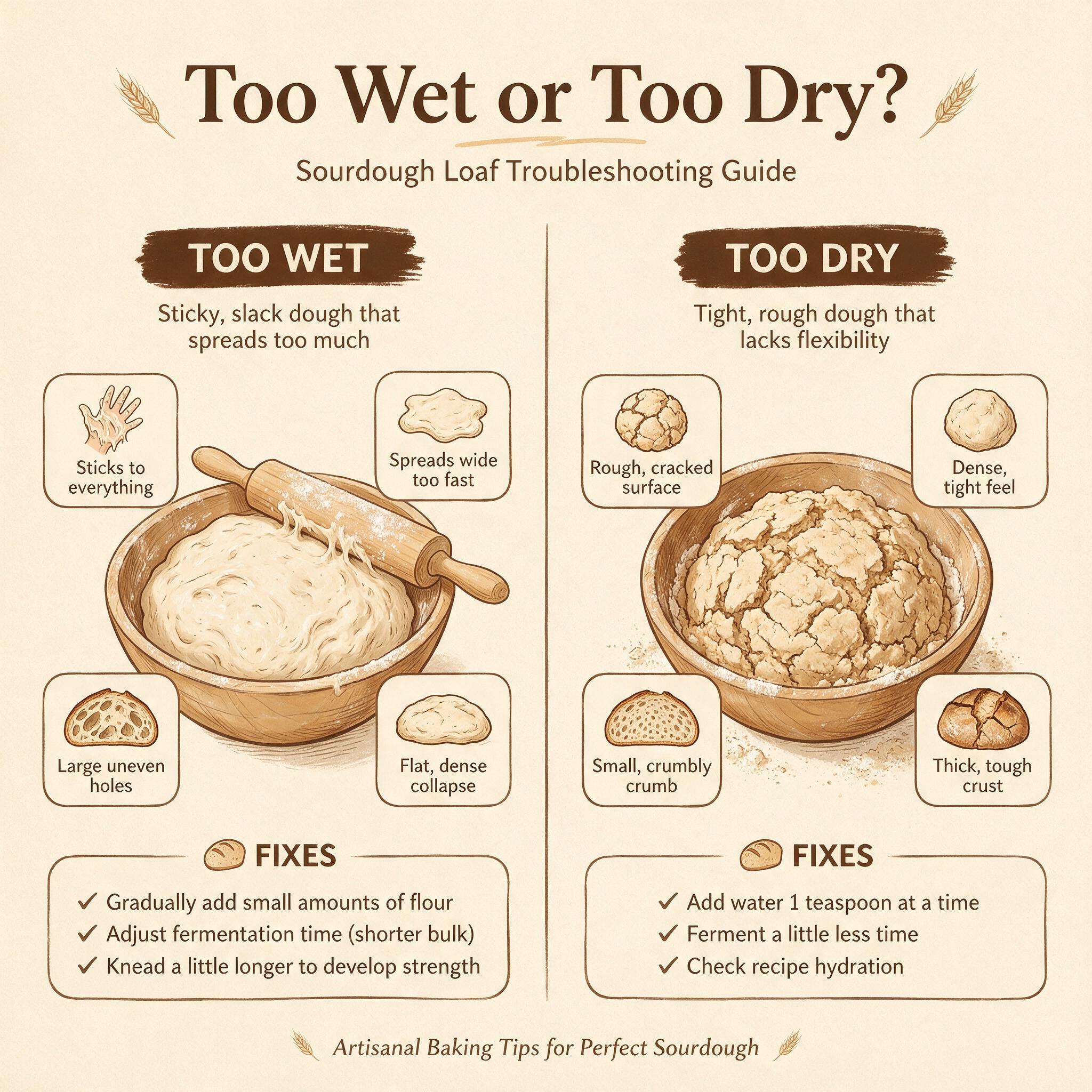 A troubleshooting infographic titled 'Too Wet or Too Dry?' showing 2 dough states with diagnostic signs and fixes