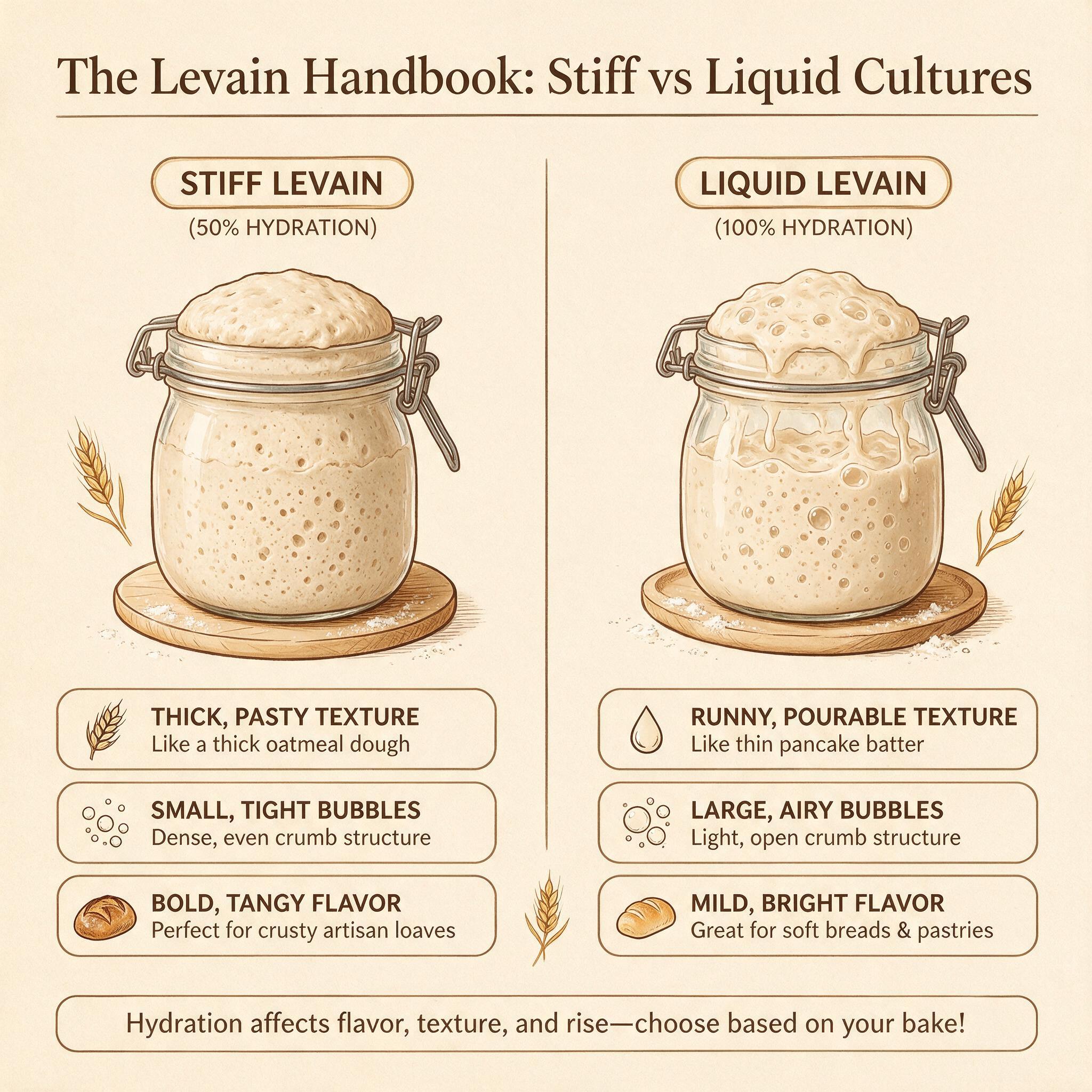 An infographic titled 'The Levain Handbook: Stiff vs Liquid Cultures' showing 2 illustrated jars side by side