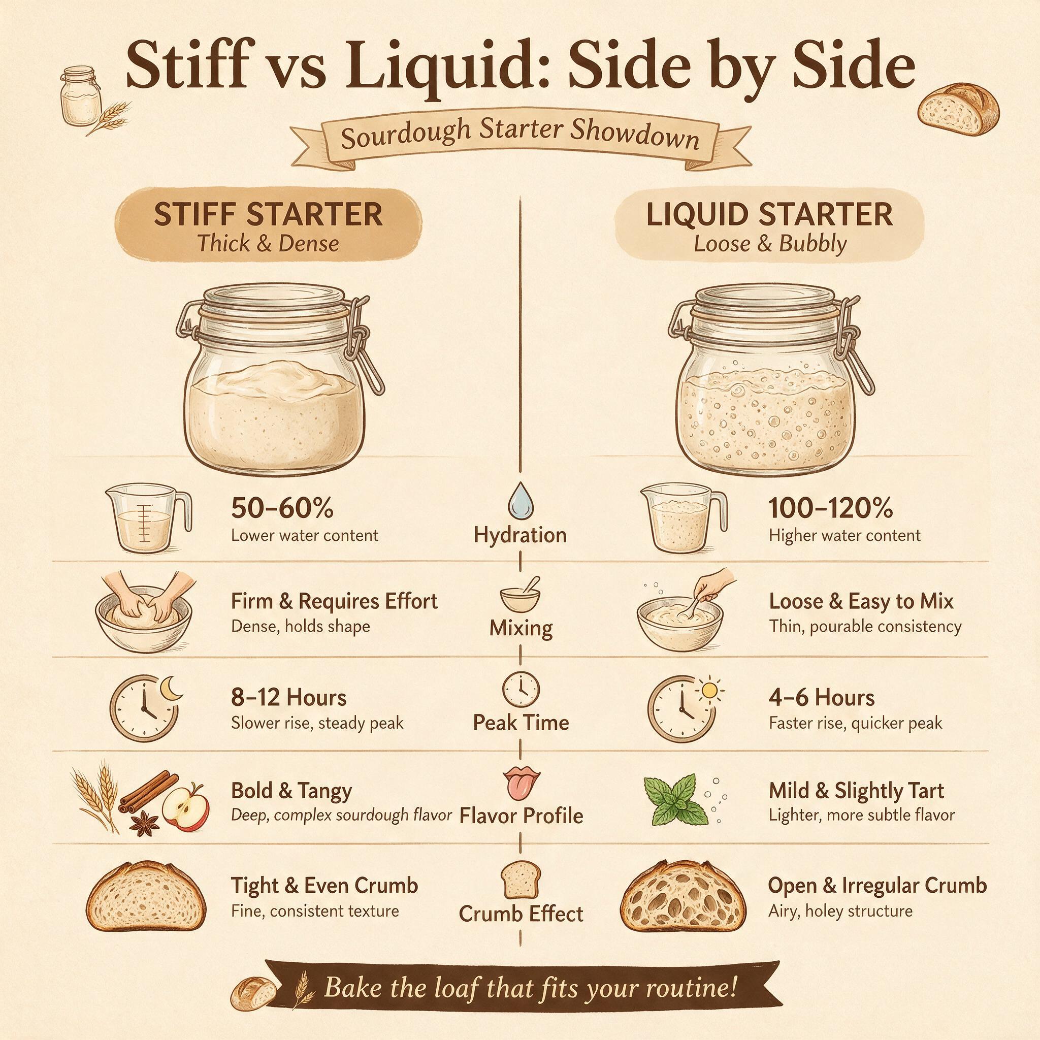 A chart infographic titled 'Stiff vs Liquid: Side by Side' with rows: hydration, mixing, peak time, flavor profile, crum