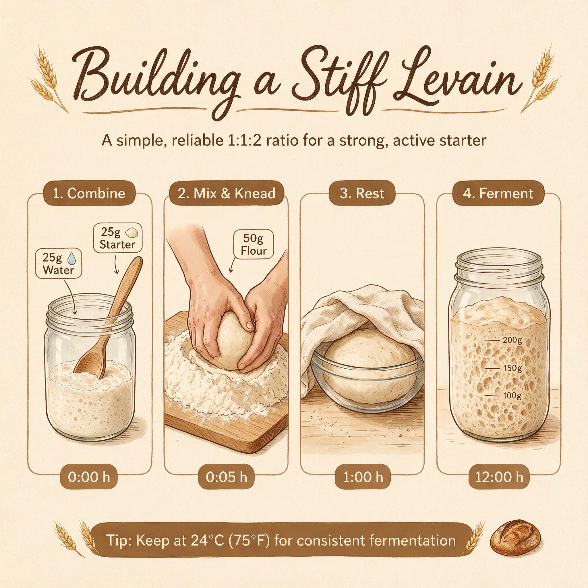 An infographic titled 'Building a Stiff Levain' showing 4 illustrated steps with measurements: 50g flour, 25g water, 25g