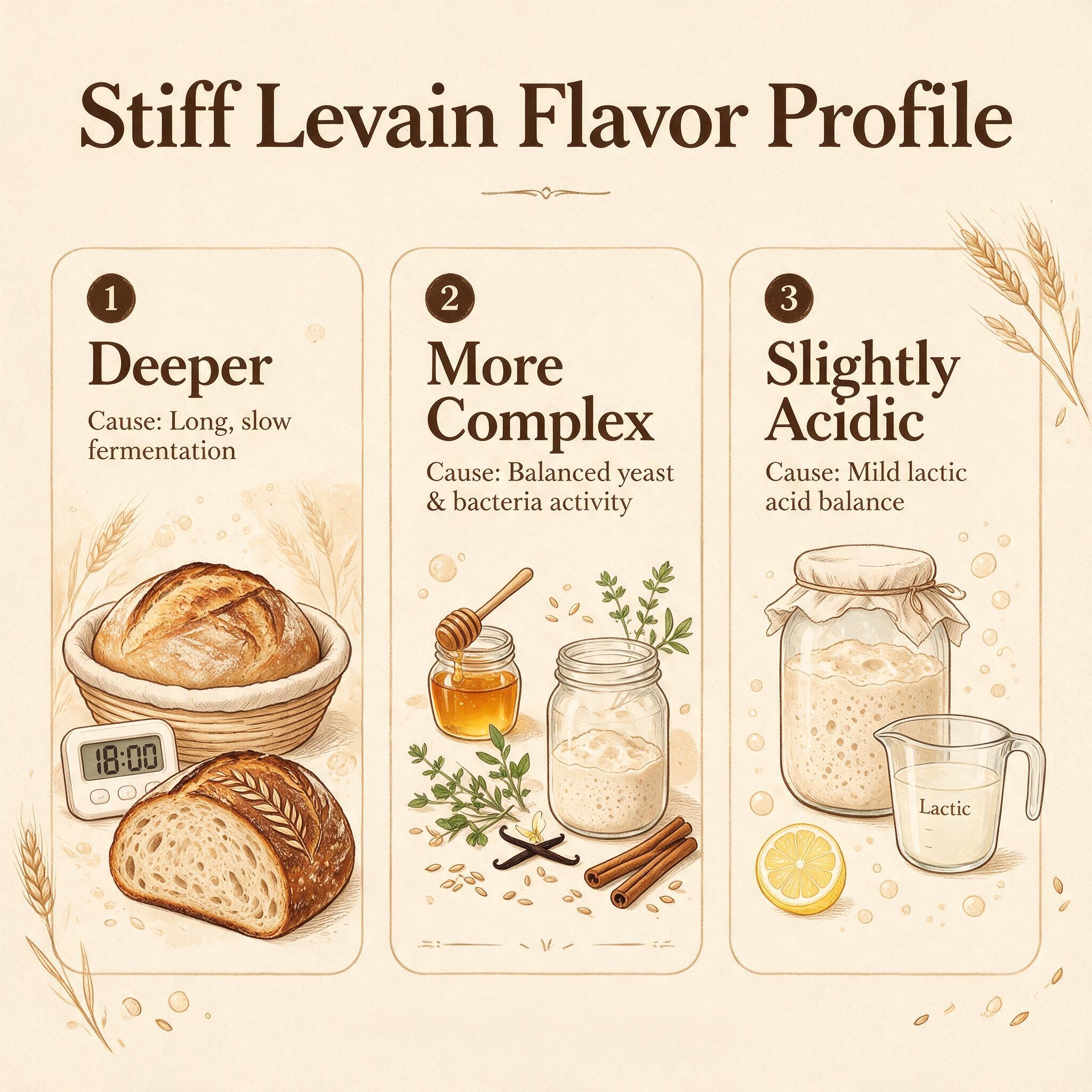 An infographic titled 'Stiff Levain Flavor Profile' showing 3 flavor notes: deeper, more complex, slightly acidic