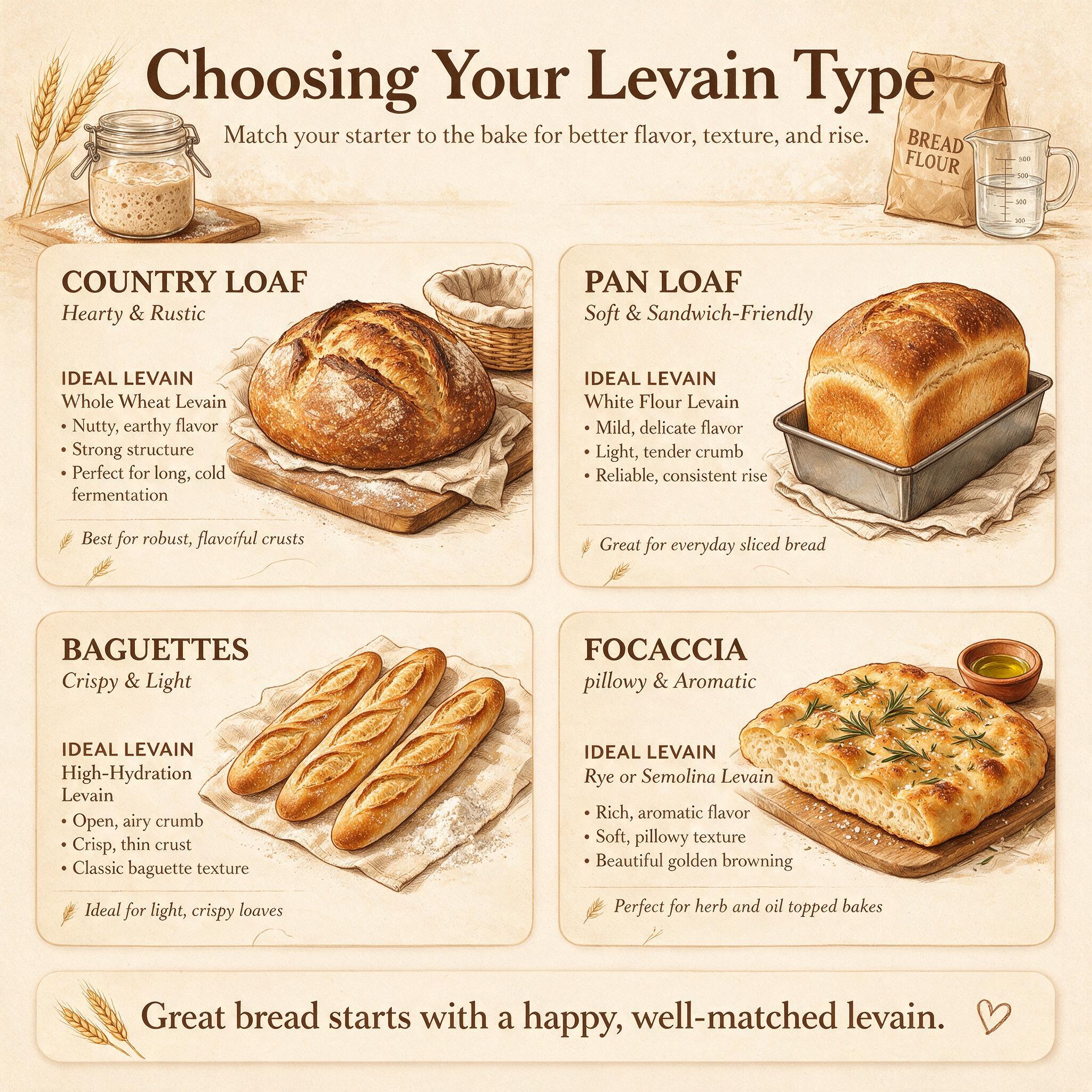 An infographic titled 'Choosing Your Levain Type' showing 4 bread styles: country loaf, pan loaf, baguette, focaccia