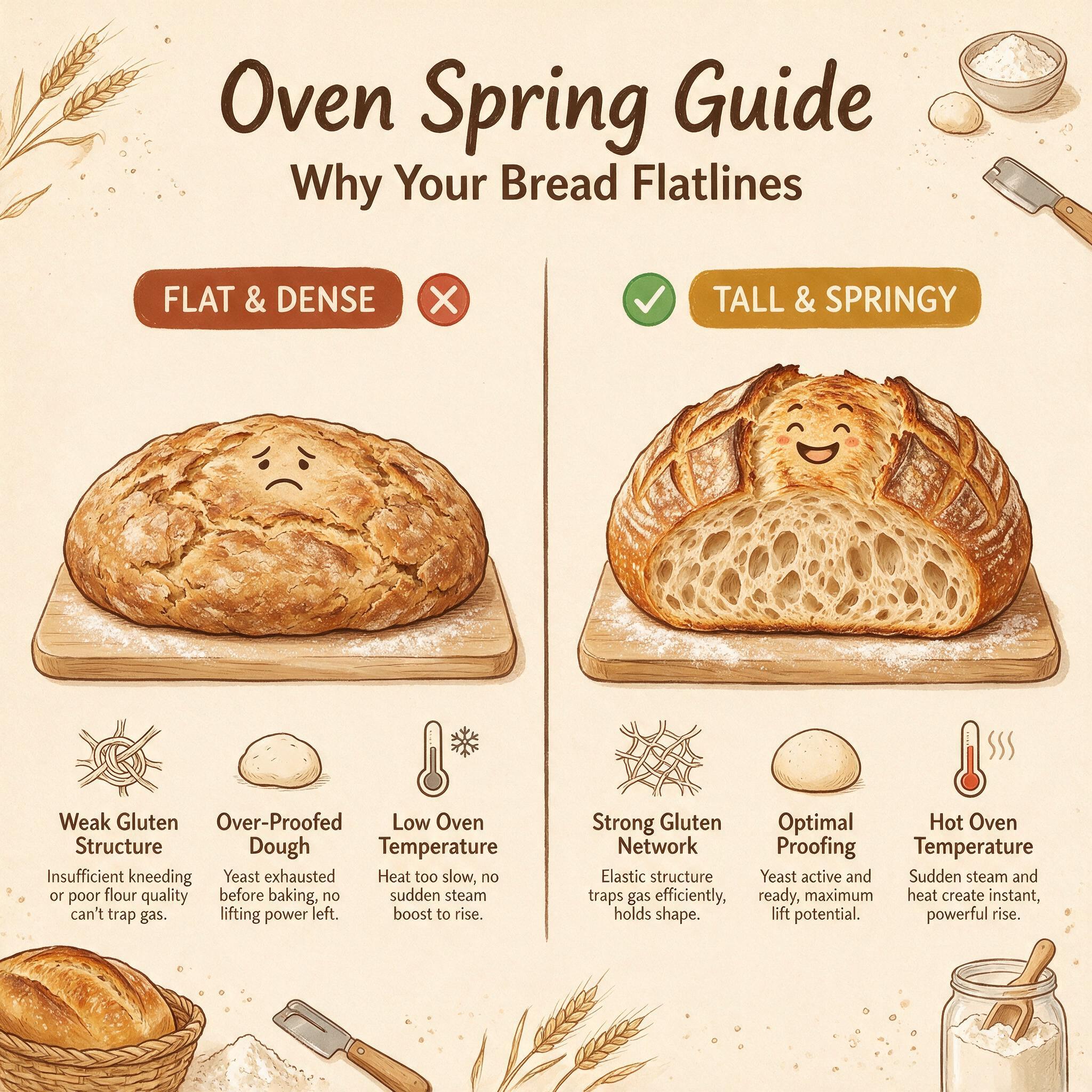 An infographic titled 'Oven Spring Guide: Why Your Bread Flatlines' showing a split illustration