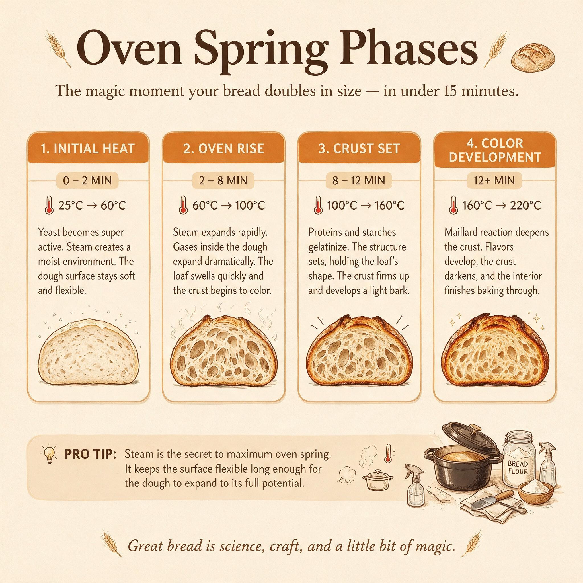 A chart infographic titled 'Oven Spring Phases' showing 4 phases: initial heat, oven rise, crust set, color development