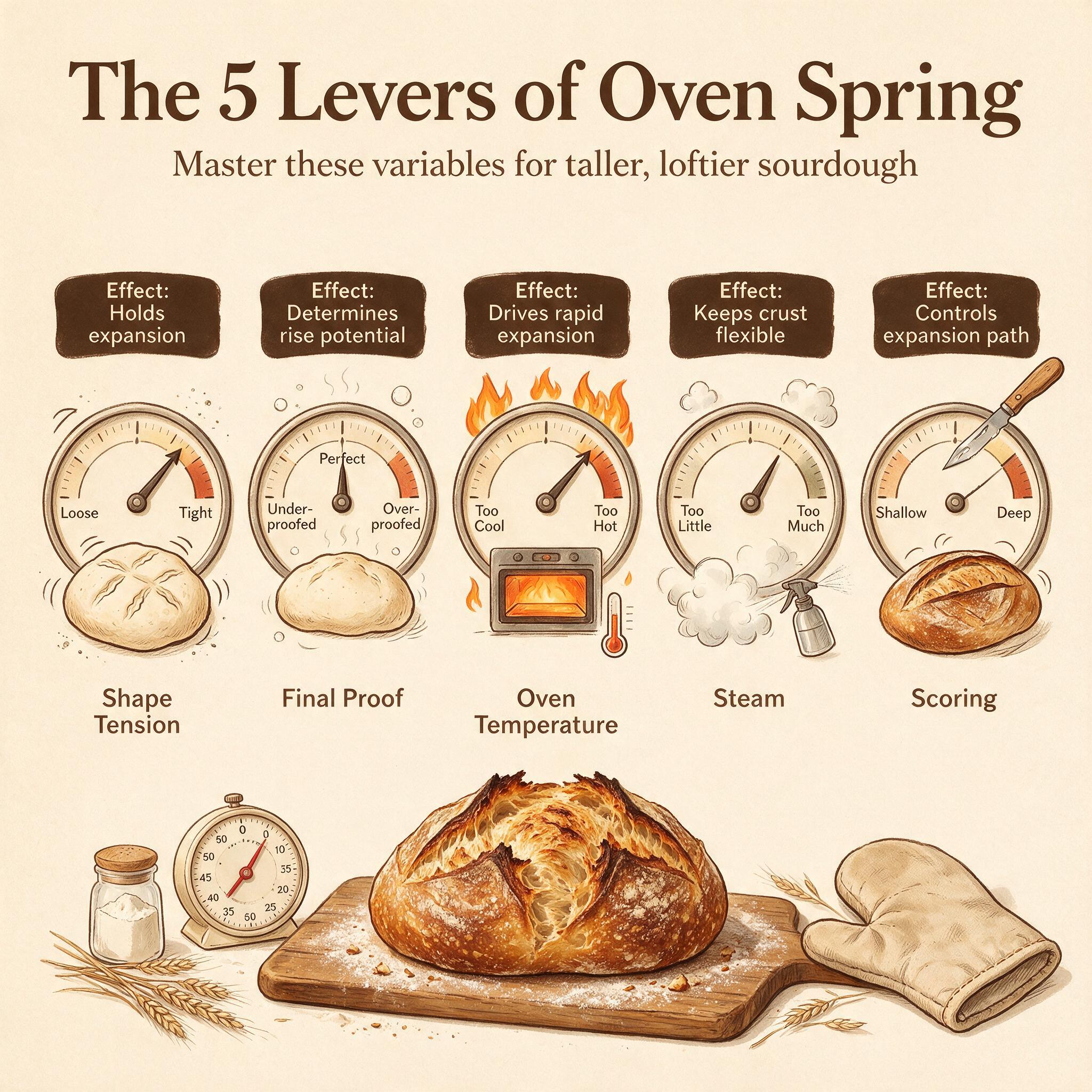 An infographic titled 'The 5 Levers of Oven Spring' showing 5 labeled dials: shape tension, final proof, oven temperatur
