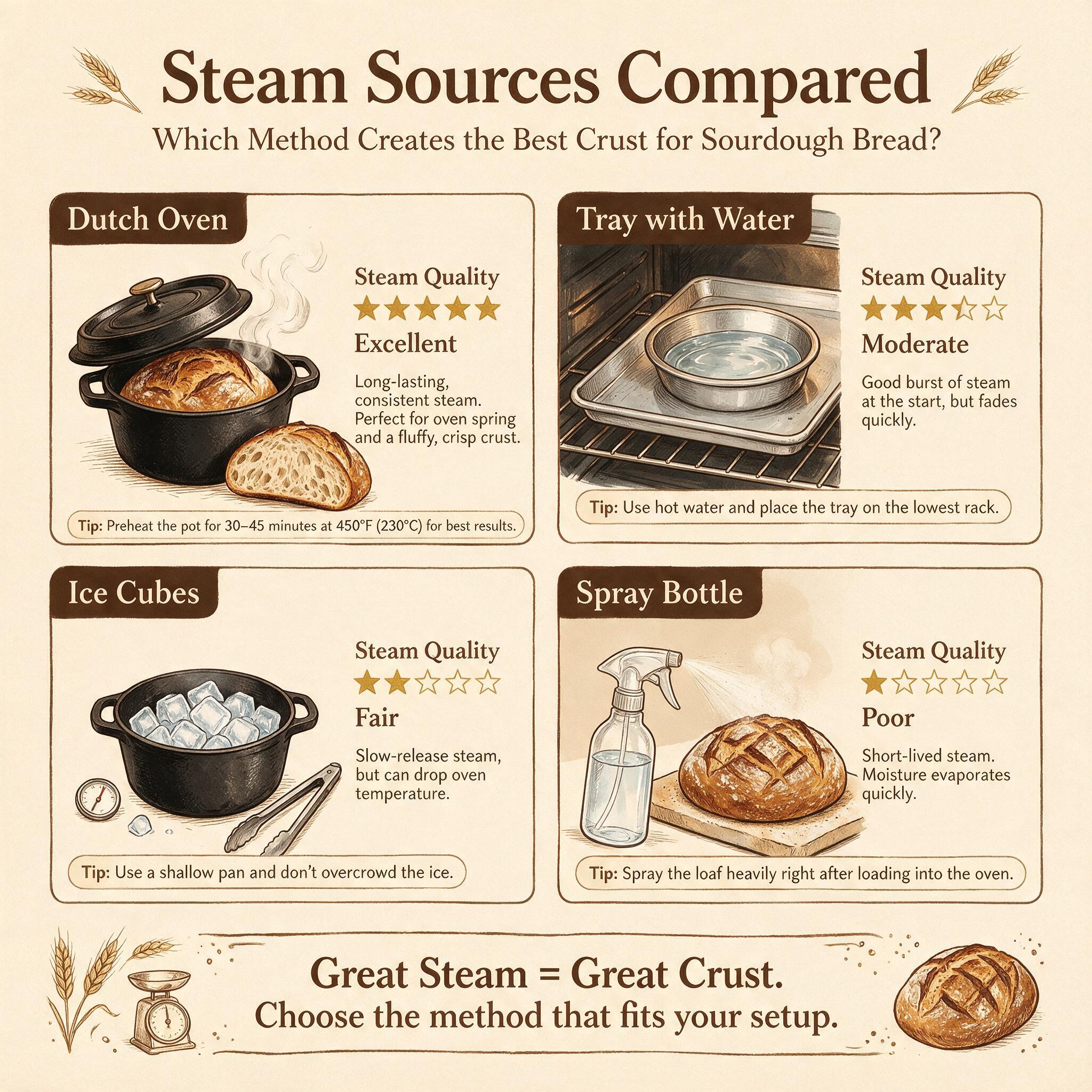 An infographic titled 'Steam Sources Compared' showing 4 steam methods: dutch oven, tray with water, ice cubes, spray bo