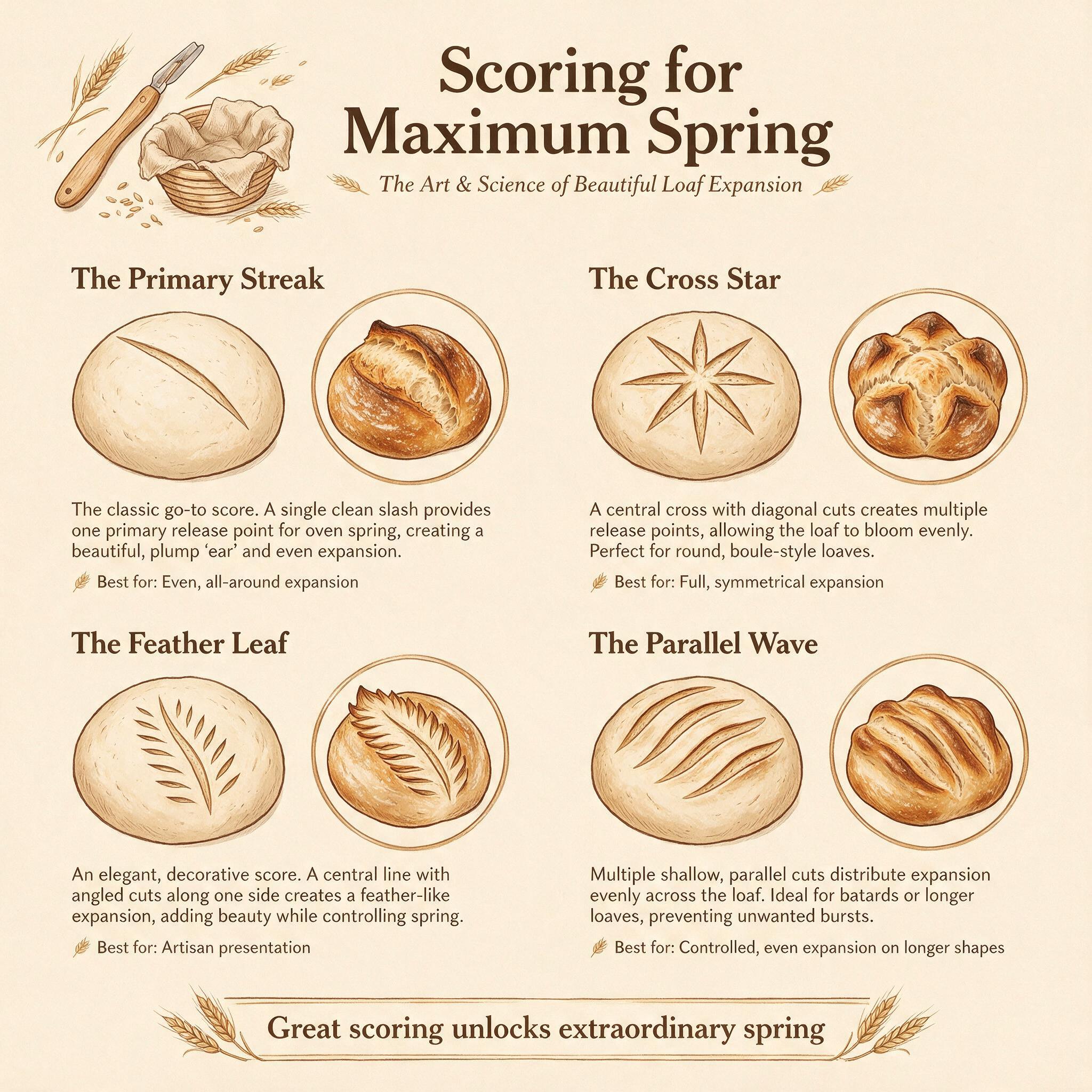 An infographic titled 'Scoring for Maximum Spring' showing 4 illustrated loaf shapes with optimal scoring patterns