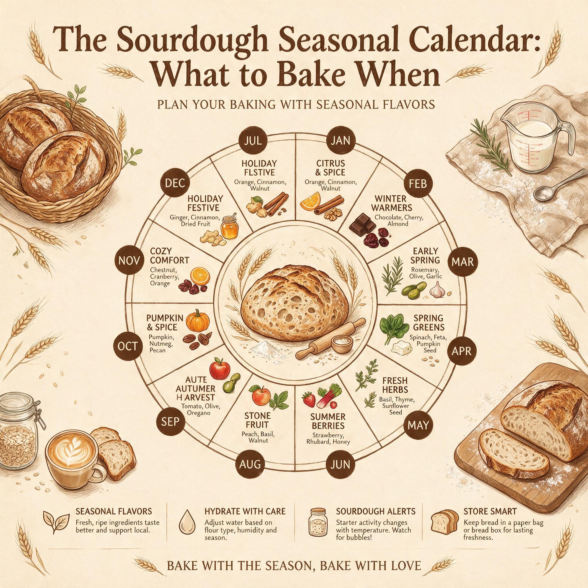 An infographic titled 'The Sourdough Seasonal Calendar: What to Bake When' showing a 12-month calendar wheel with monthl