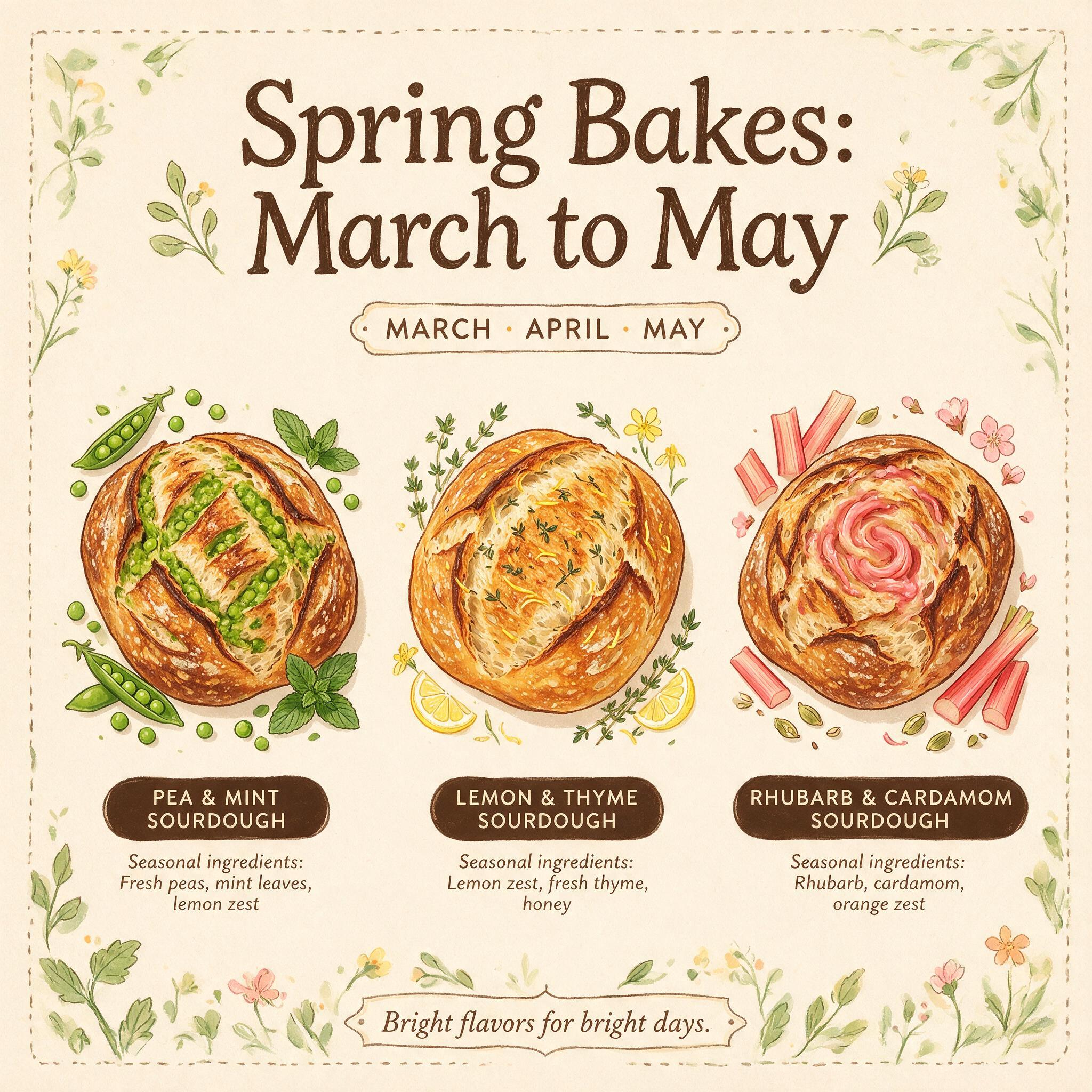 A calendar infographic titled 'Spring Bakes: March to May' showing 3 illustrated loaves: pea-mint, lemon-thyme, rhubarb-