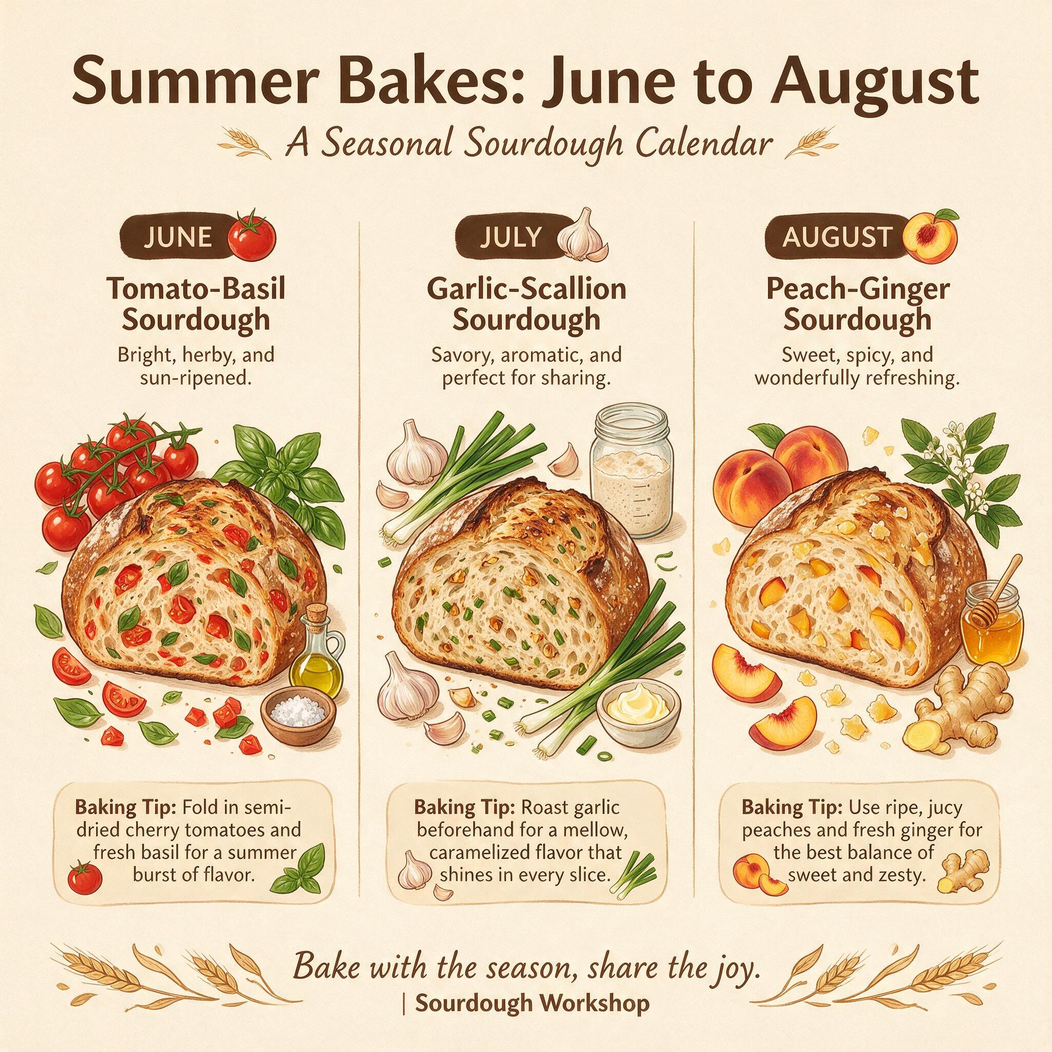A calendar infographic titled 'Summer Bakes: June to August' showing 3 illustrated loaves: tomato-basil, garlic-scallion