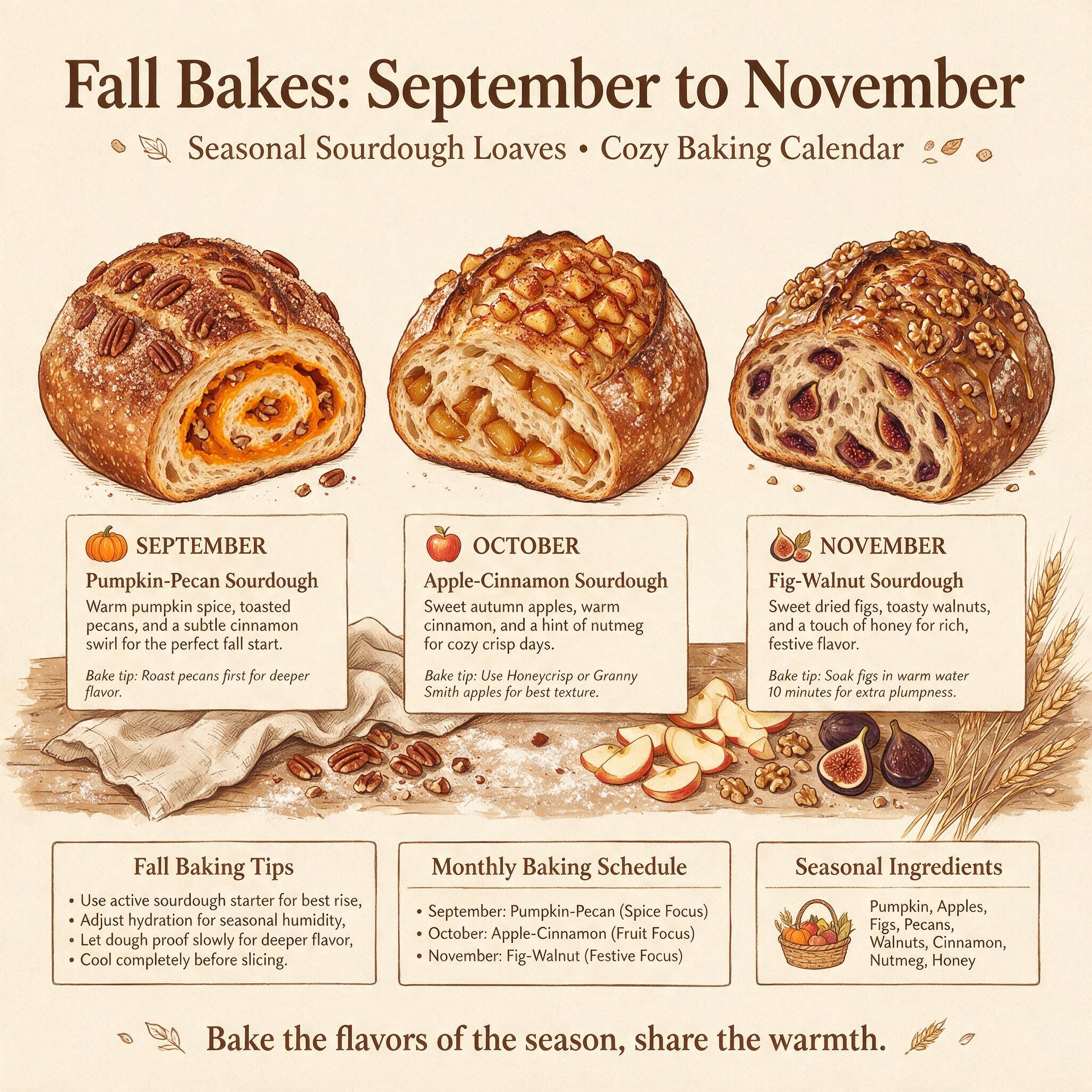 A calendar infographic titled 'Fall Bakes: September to November' showing 3 illustrated loaves: pumpkin-pecan, apple-cin