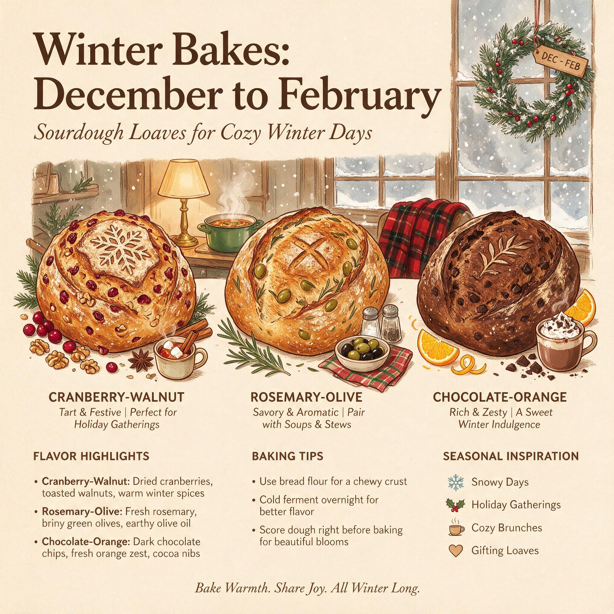 A calendar infographic titled 'Winter Bakes: December to February' showing 3 illustrated loaves: cranberry-walnut, rosem