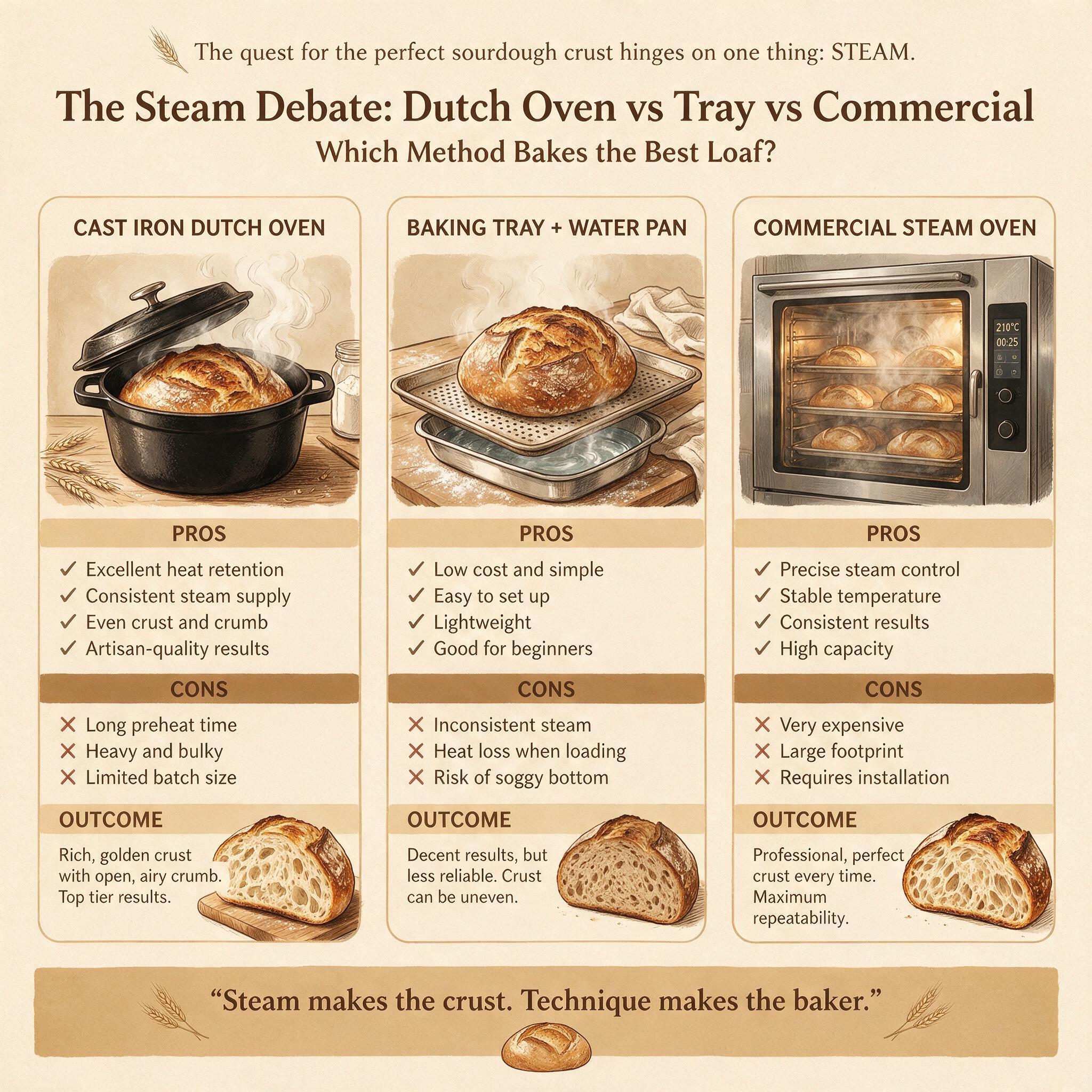 An infographic titled 'The Steam Debate: Dutch Oven vs Tray vs Commercial' showing 3 illustrated steam methods side by s