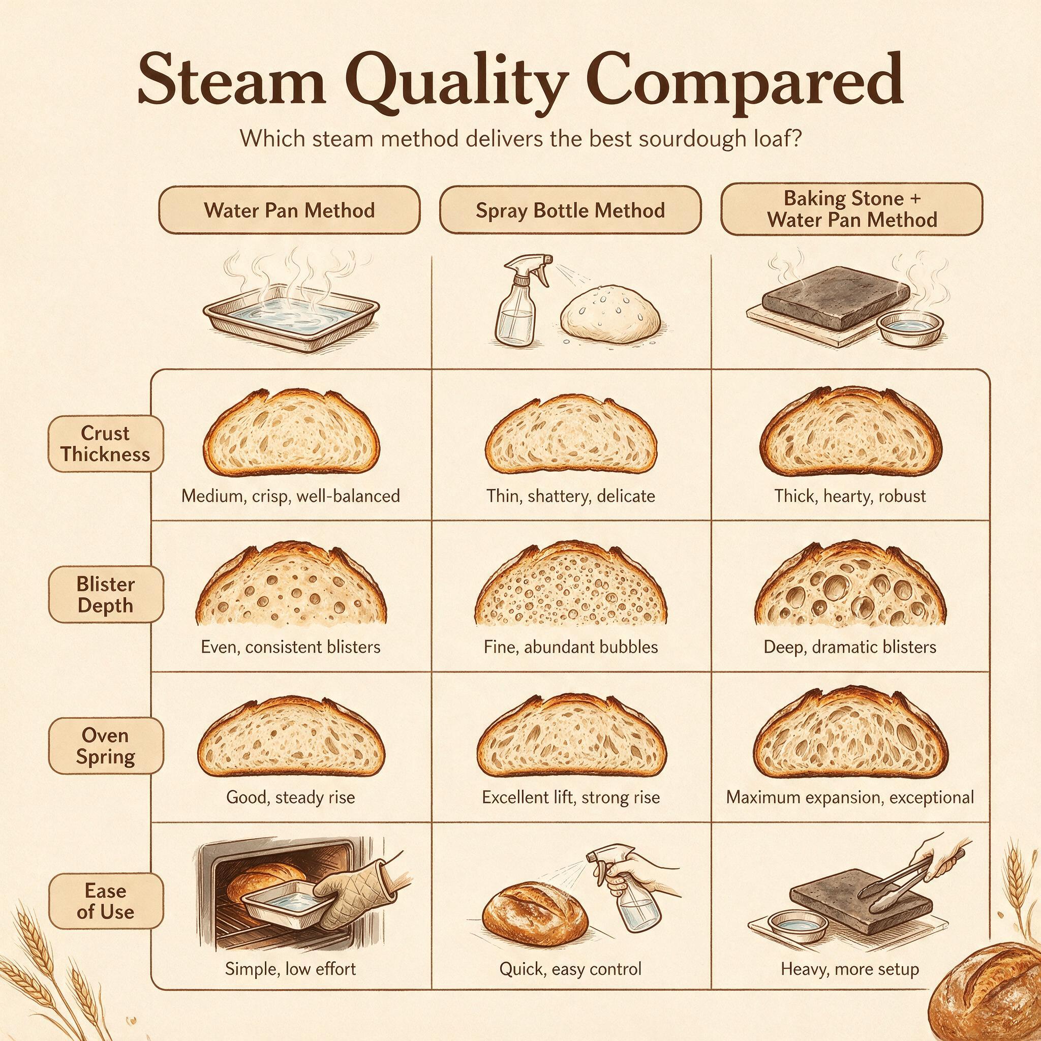 A chart infographic titled 'Steam Quality Compared' showing 3 methods with rows: crust thickness, blister depth, oven sp