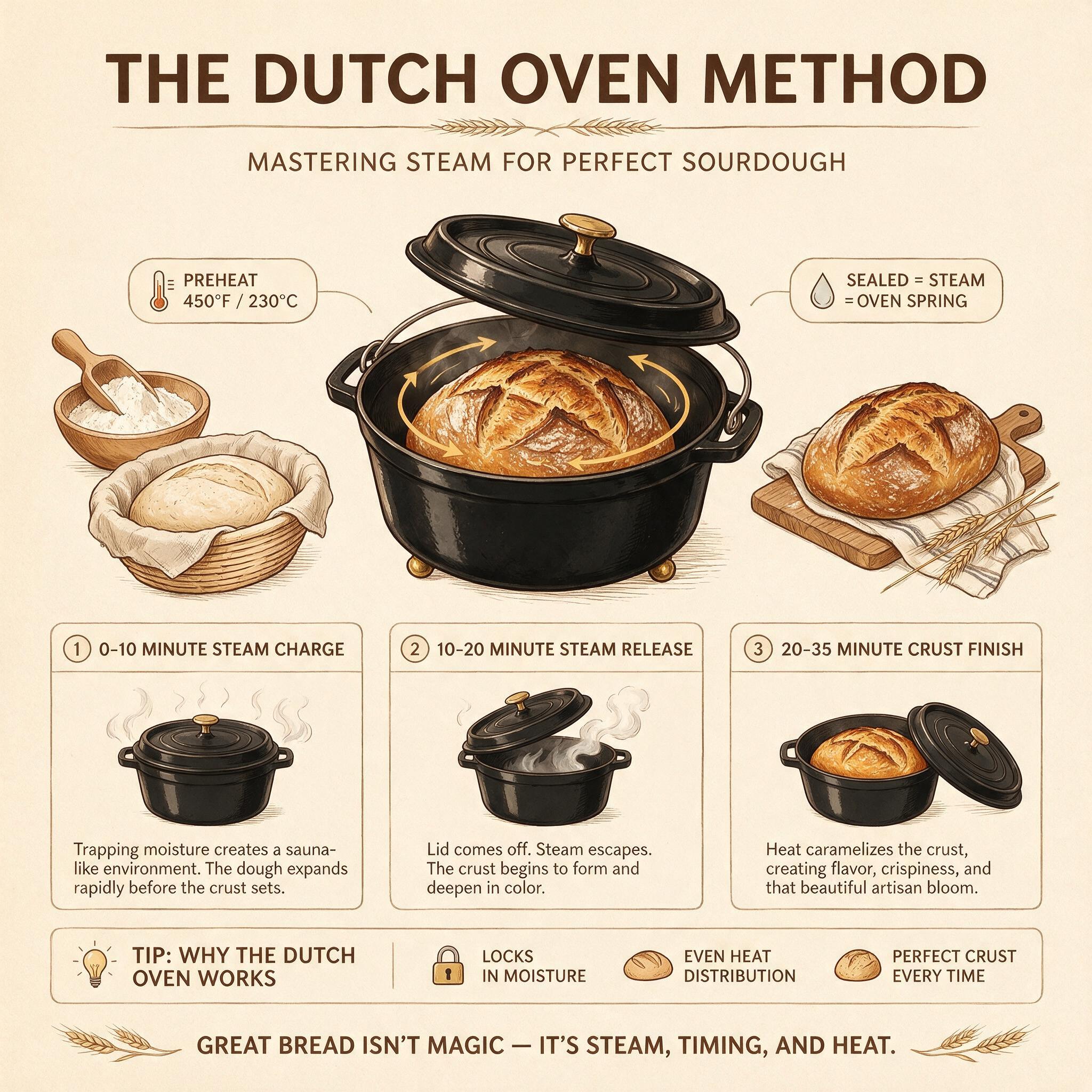 An infographic titled 'The Dutch Oven Method' showing an illustrated dutch oven with arrows showing steam circulation