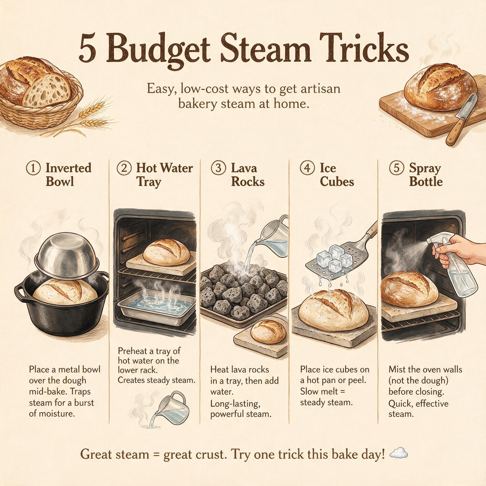 A DIY infographic titled '5 Budget Steam Tricks' showing 5 illustrated techniques: inverted bowl, hot water tray, lava r