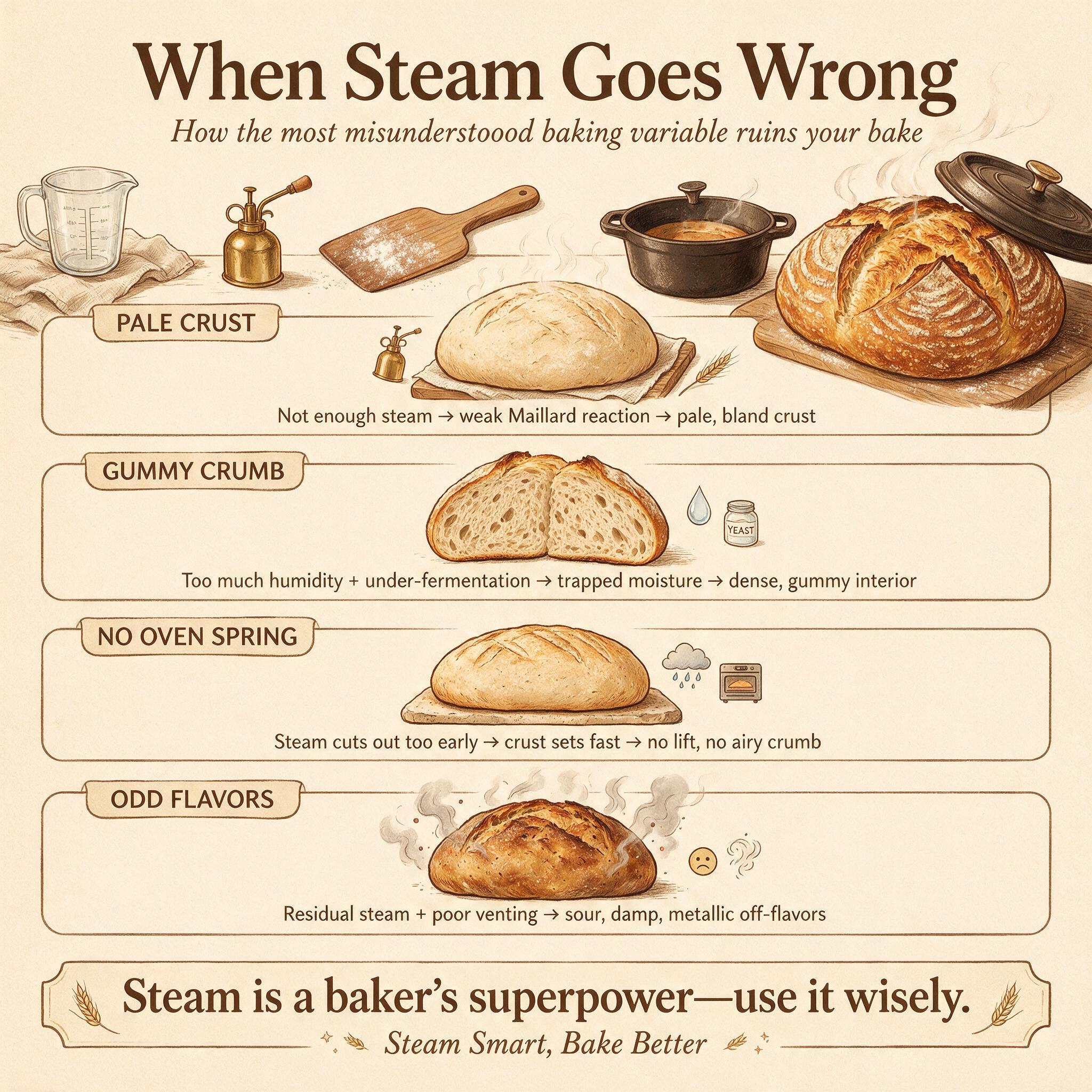 An infographic titled 'When Steam Goes Wrong' showing 4 common problems: pale crust, gummy crumb, no oven spring, odd fl