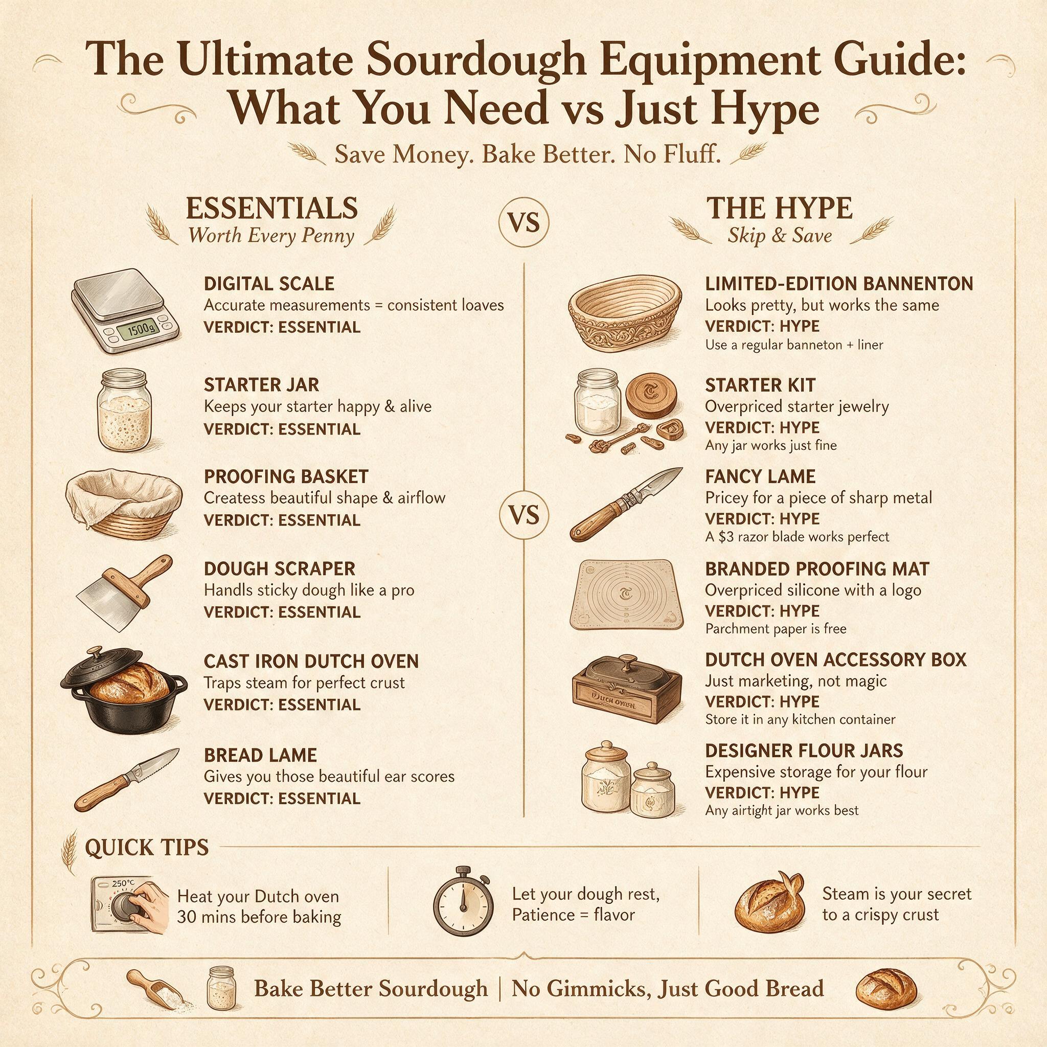 An infographic titled 'The Ultimate Sourdough Equipment Guide: What You Need vs Just Hype' showing 6 essential tools on 