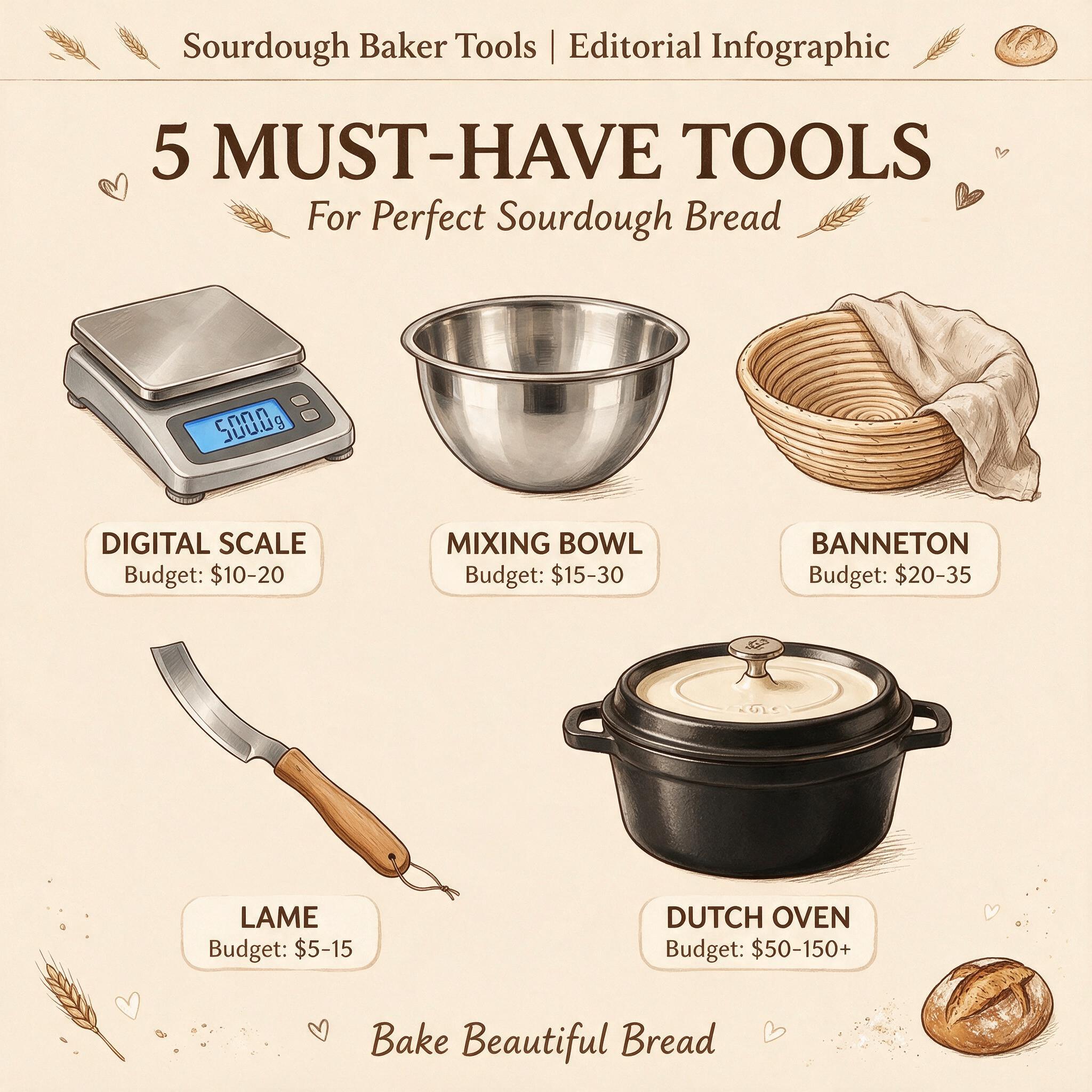 An infographic titled '5 Must-Have Tools' showing 5 illustrated essentials: digital scale, mixing bowl, banneton, lame, 