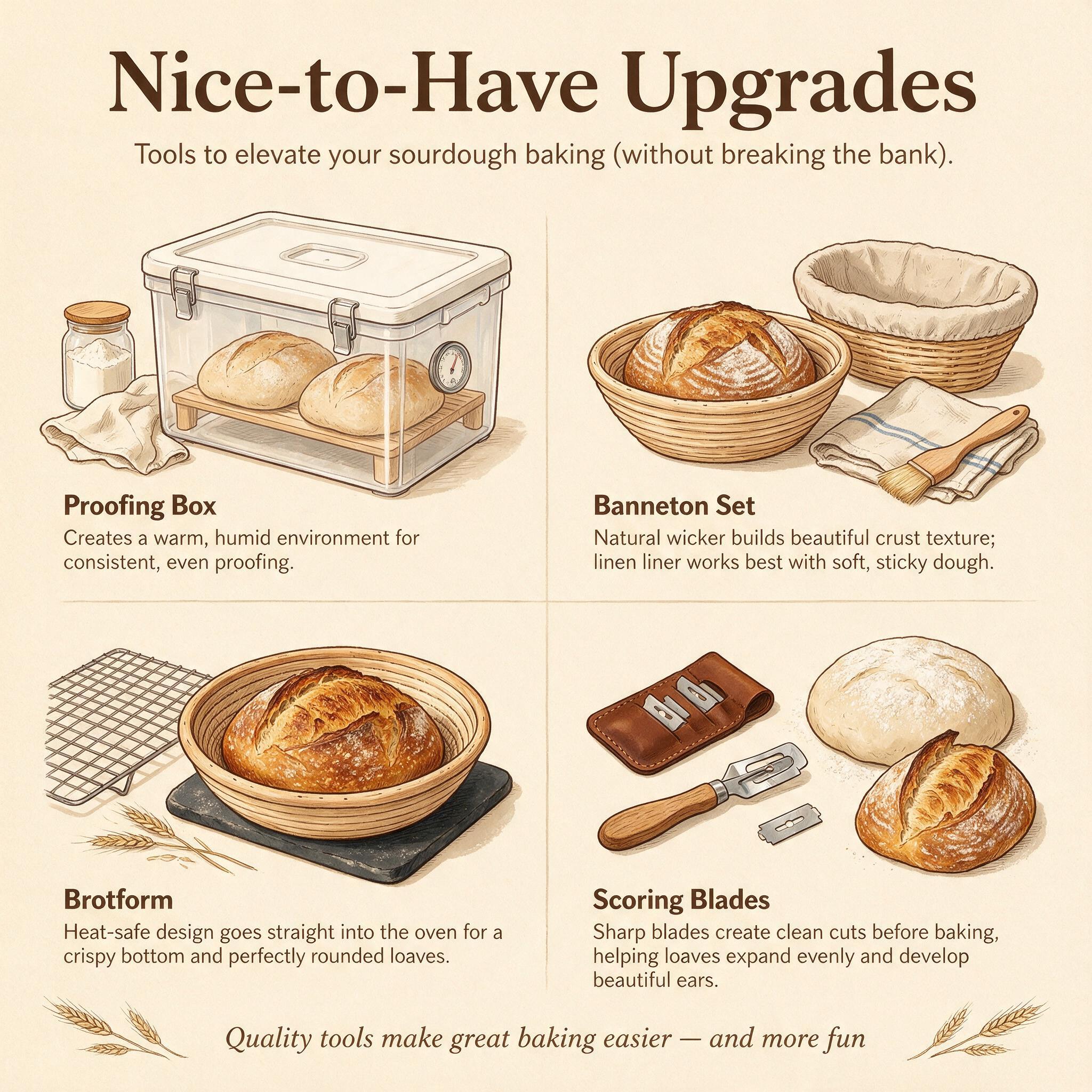 An infographic titled 'Nice-to-Have Upgrades' showing 4 illustrated upgrades: proofing box, banneton set, brotform, scor