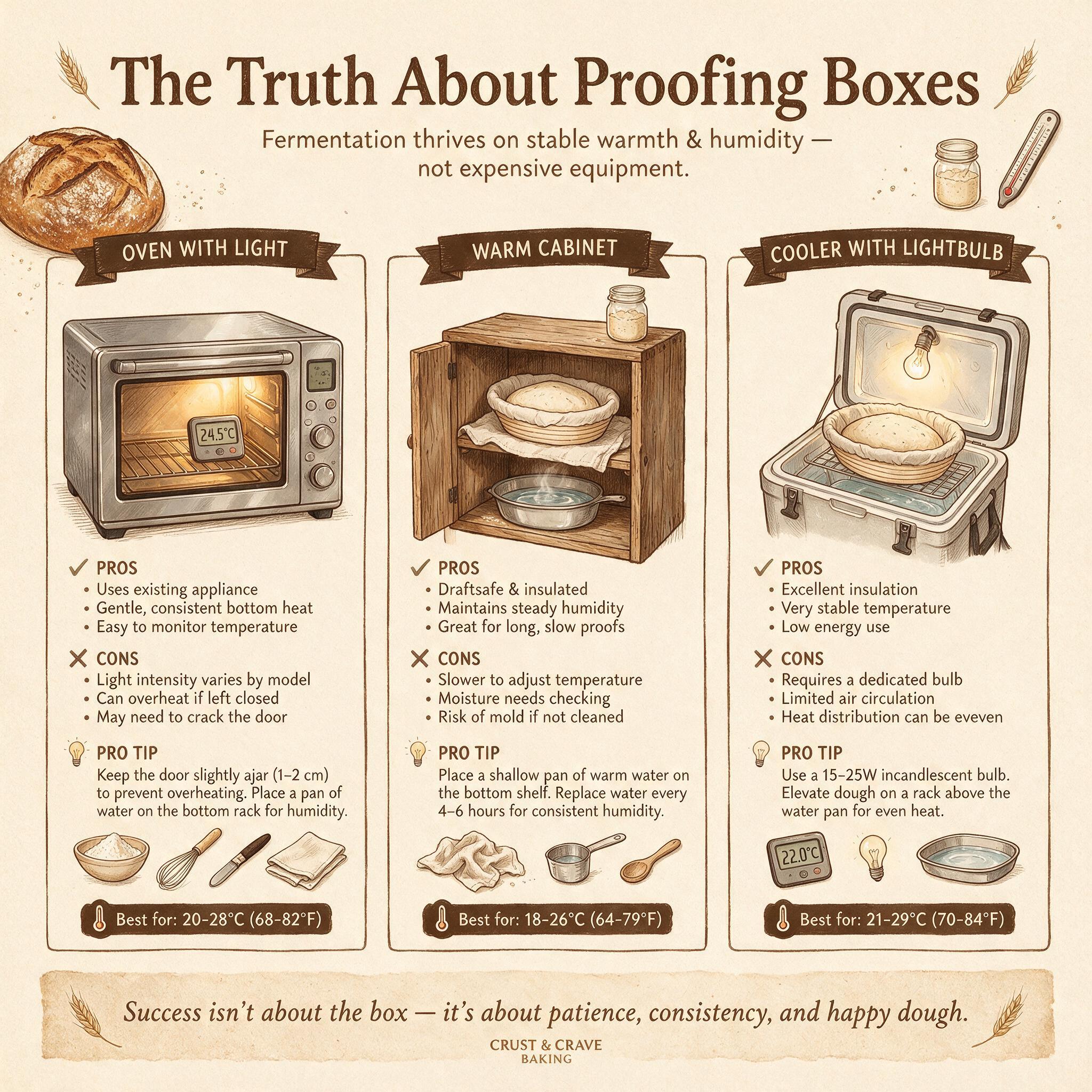 An infographic titled 'The Truth About Proofing Boxes' showing 3 alternatives: oven with light, warm cabinet, cooler wit