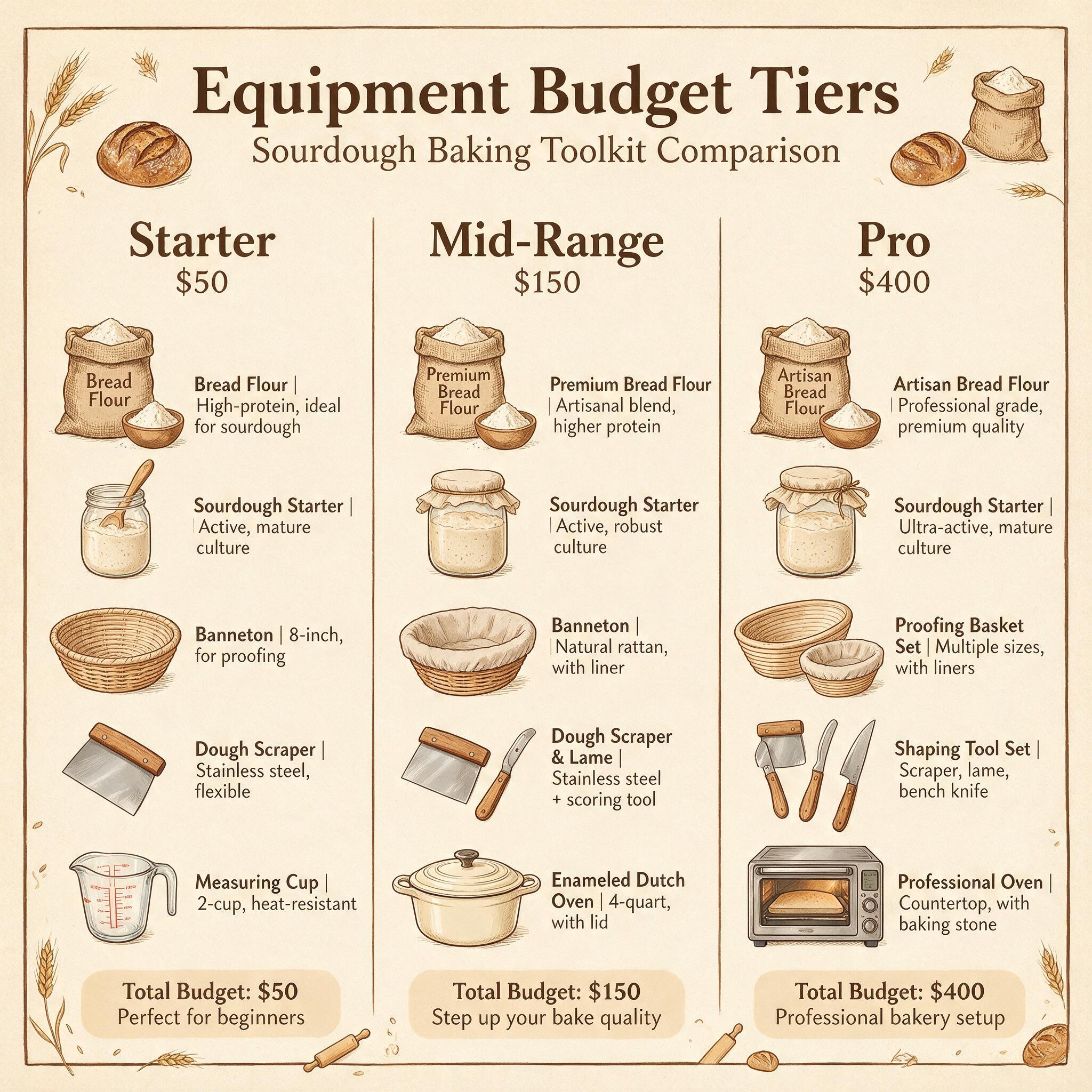 An infographic titled 'Equipment Budget Tiers' showing 3 columns: starter ($50), mid-range ($150), pro ($400)