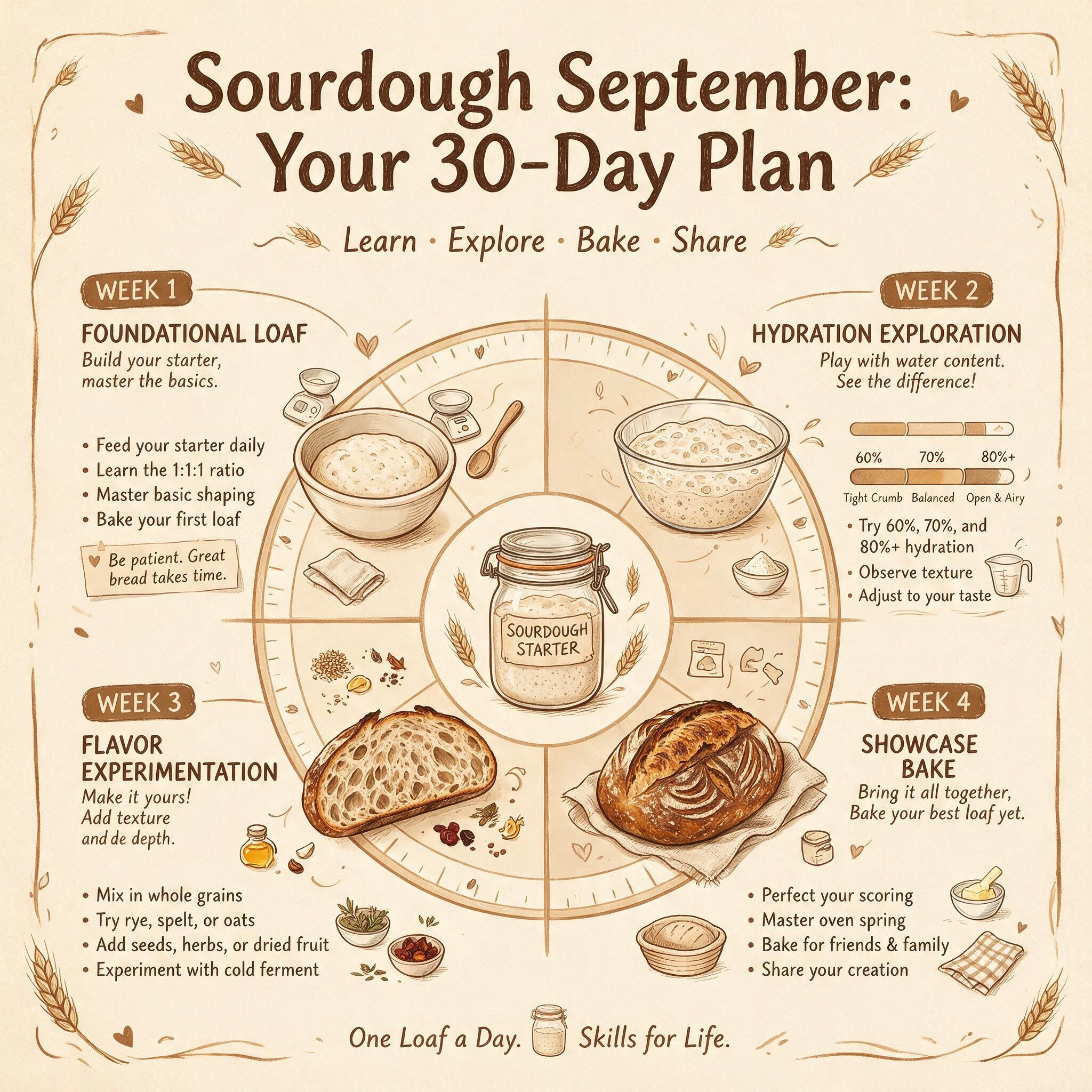 An infographic titled 'Sourdough September: Your 30-Day Plan' showing a calendar wheel with 4 weeks labeled: Week 1 Foun