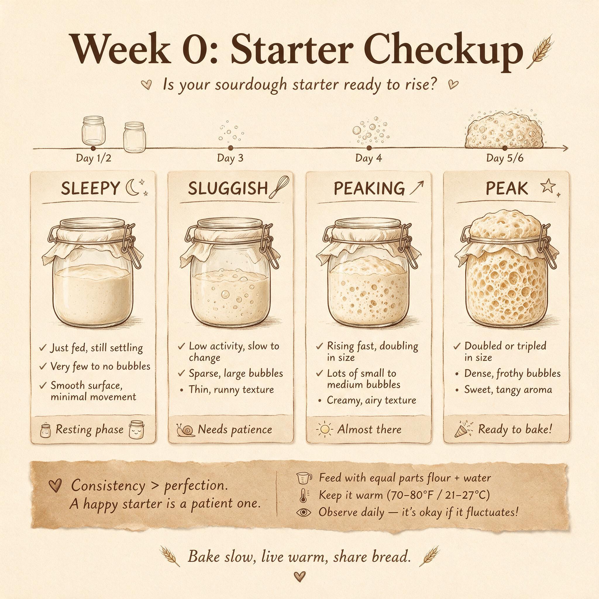 An infographic titled 'Week 0: Starter Checkup' showing 4 illustrated jars at different stages: sleepy, sluggish, peakin