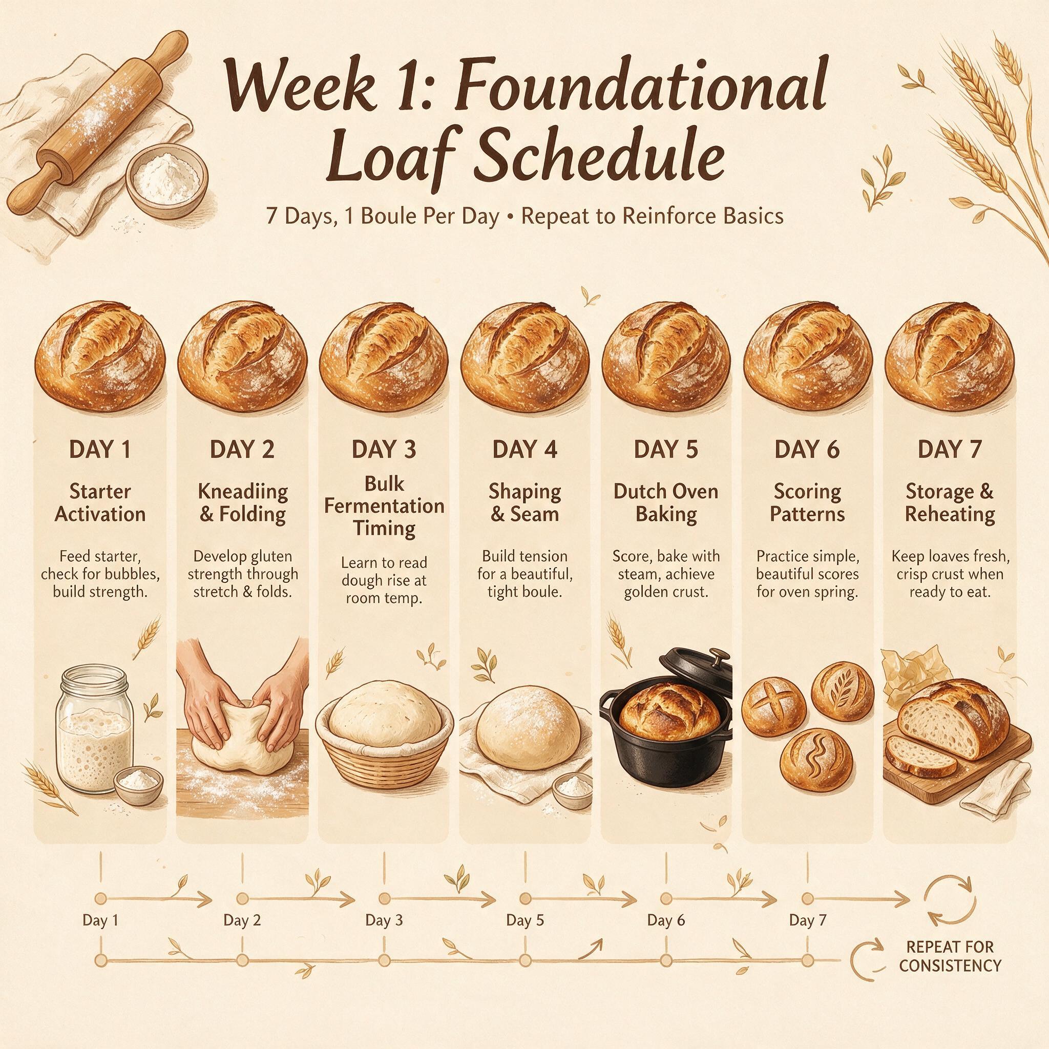 A horizontal infographic titled 'Week 1: Foundational Loaf Schedule' showing 7 days with 1 boule per day, arrows showing