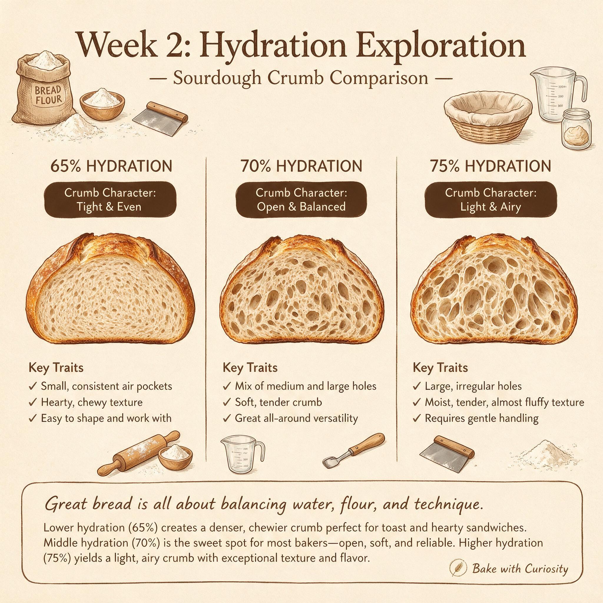 An infographic titled 'Week 2: Hydration Exploration' showing 3 illustrated loaves at 65%, 70%, 75% hydration side by si