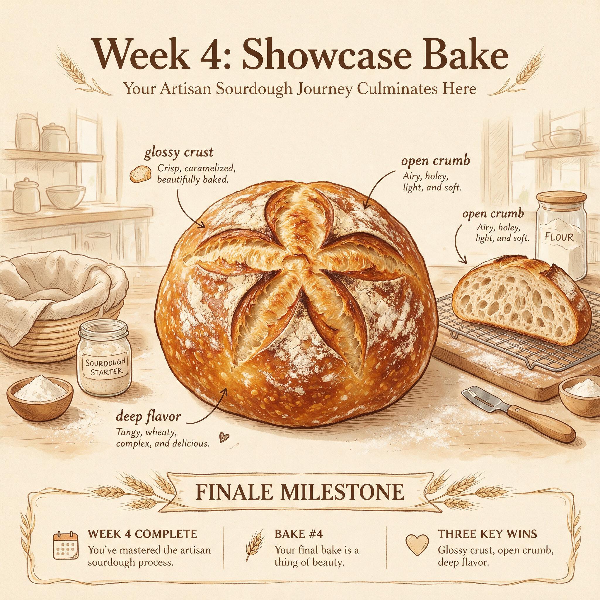 A finale infographic titled 'Week 4: Showcase Bake' showing a beautifully baked sourdough boule with scoring patterns