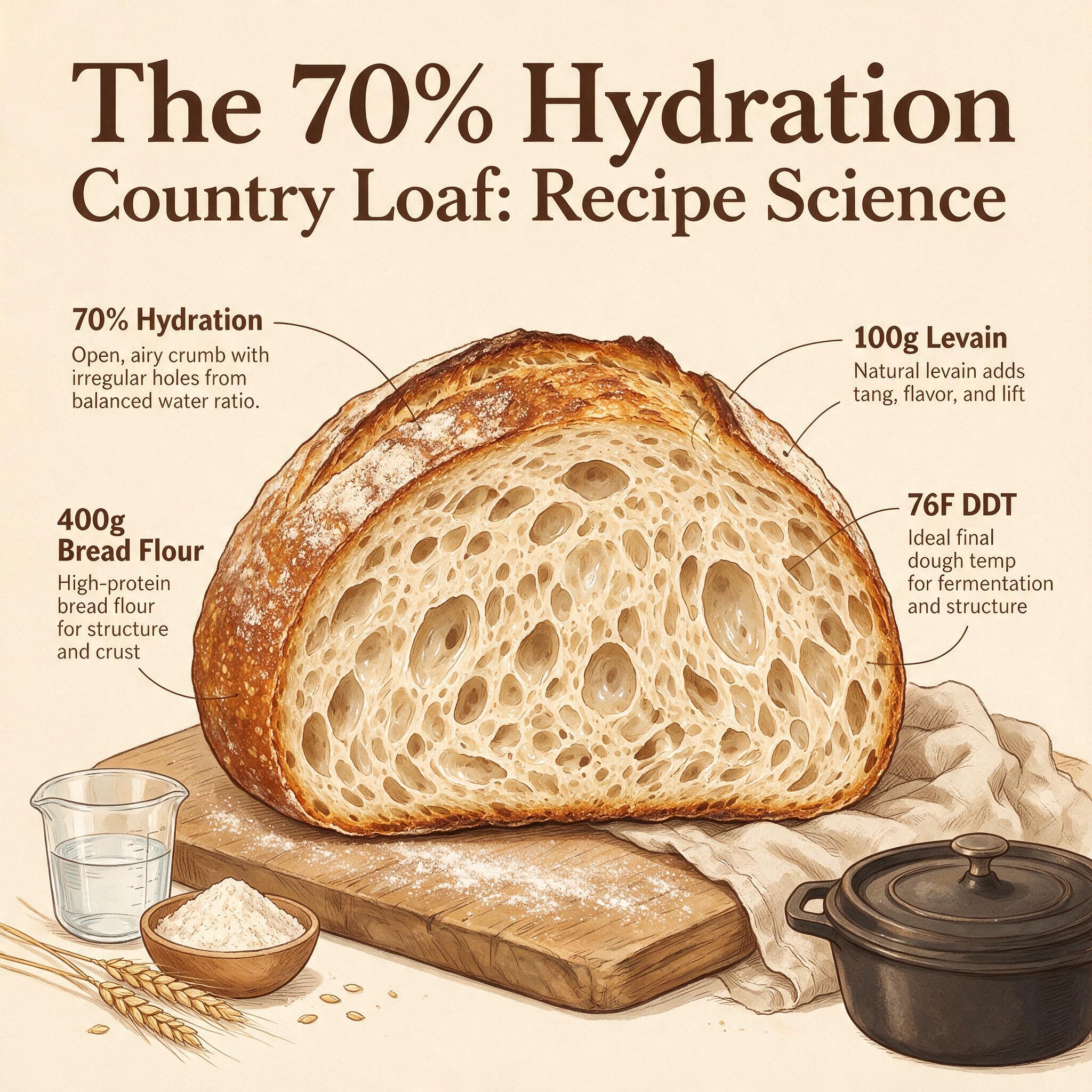 An infographic titled 'The 70% Hydration Country Loaf: Recipe Science' showing a cross-section of a country loaf with cr