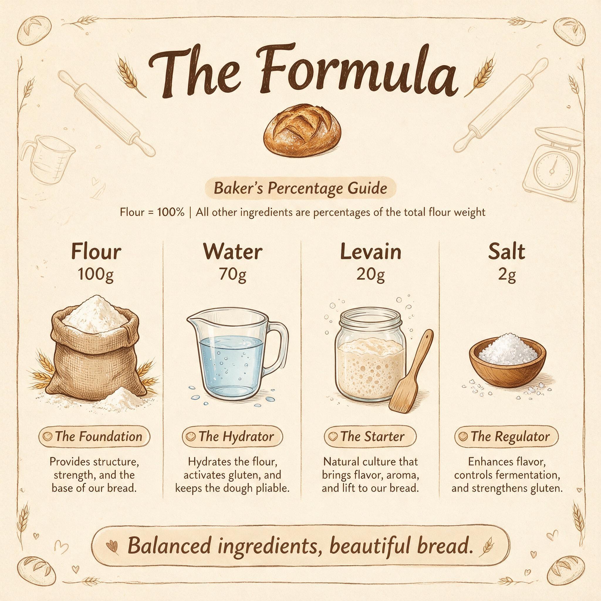A baker's percentage infographic titled 'The Formula' showing 100g flour column, 70g water column, 20g levain column, 2g