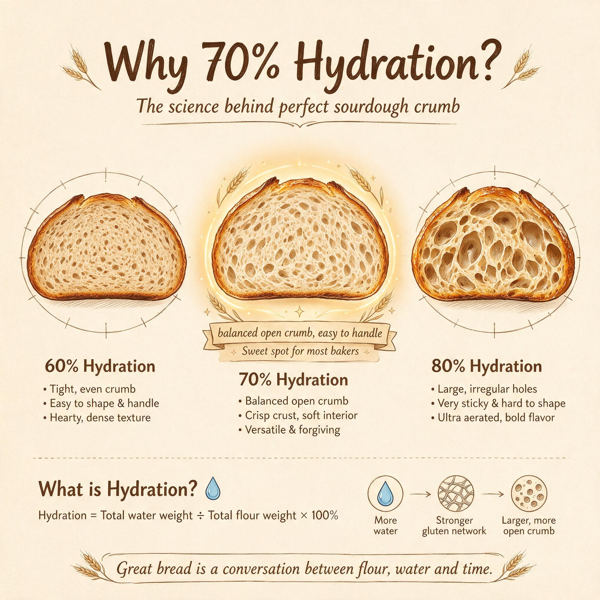 An infographic titled 'Why 70% Hydration?' showing 3 hydration levels (60%, 70%, 80%) with crumb cross-sections