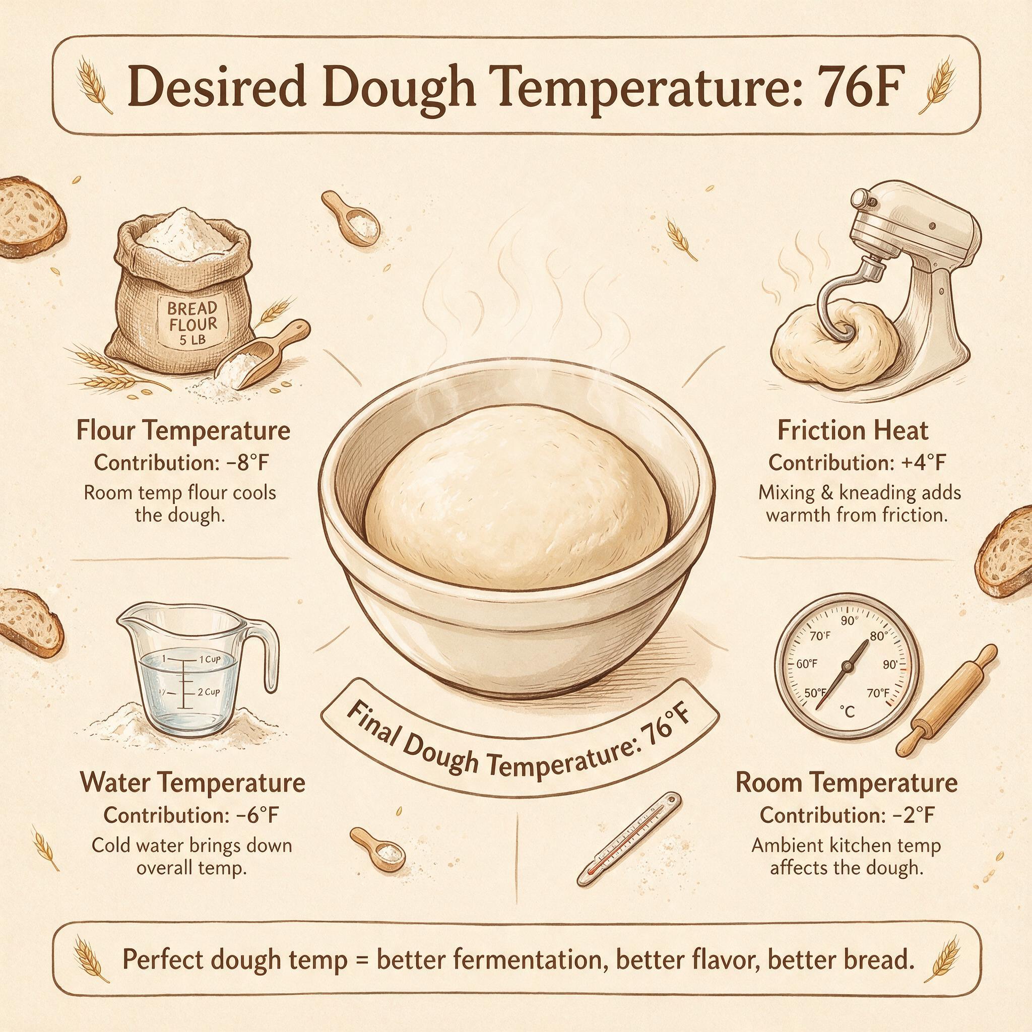 A temperature chart infographic titled 'Desired Dough Temperature: 76F' showing 4 cooling factors: flour temp, water tem