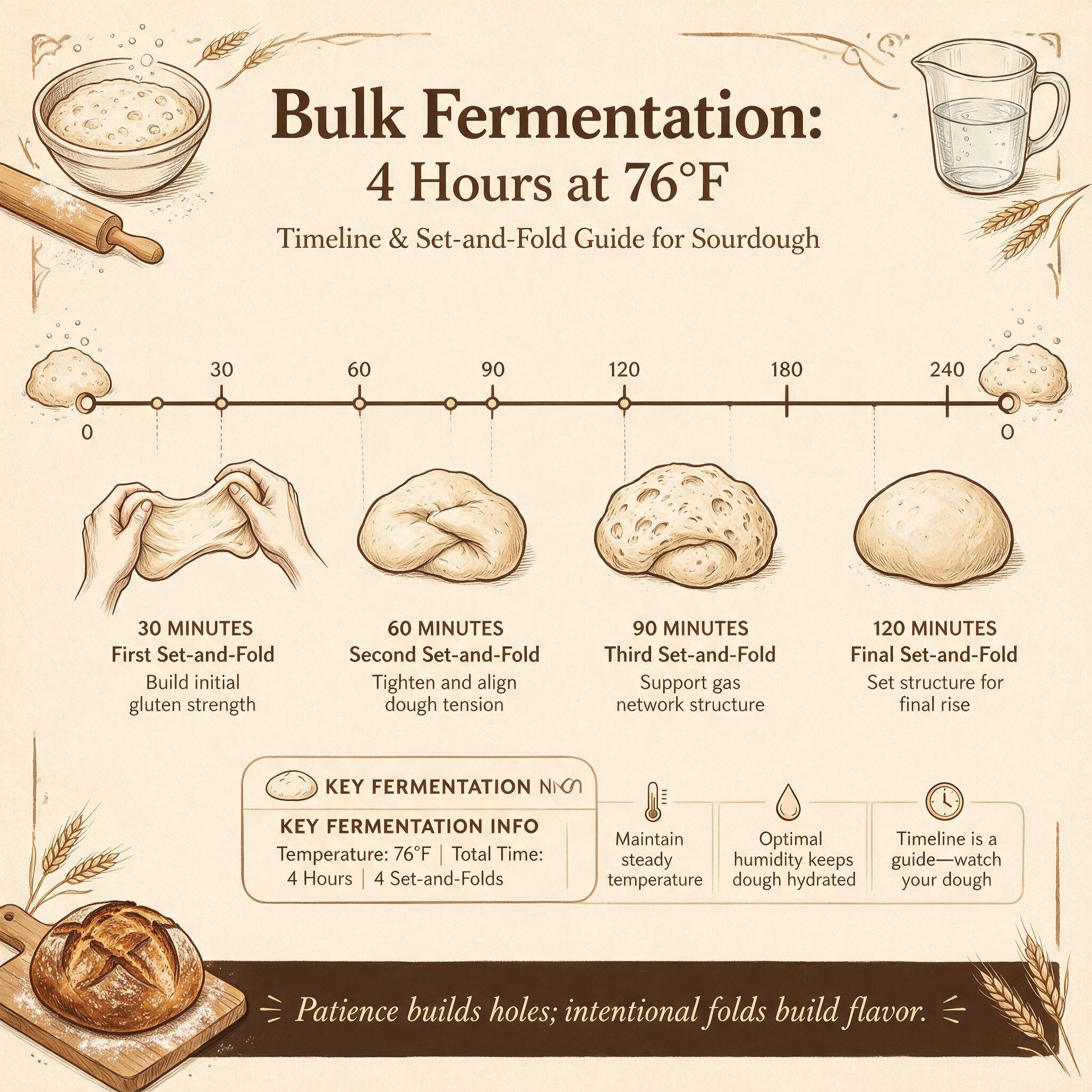 A timing infographic titled 'Bulk Fermentation: 4 Hours at 76F' showing a 4-hour timeline with 4 set-and-fold marks at 3