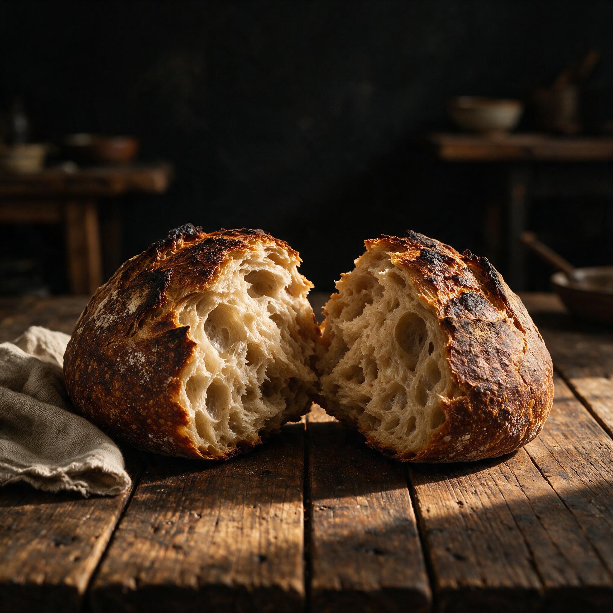 A close-up of a sourdough loaf torn in half showing the open irregular crumb, dramatic warm side lighting, dark moody ba