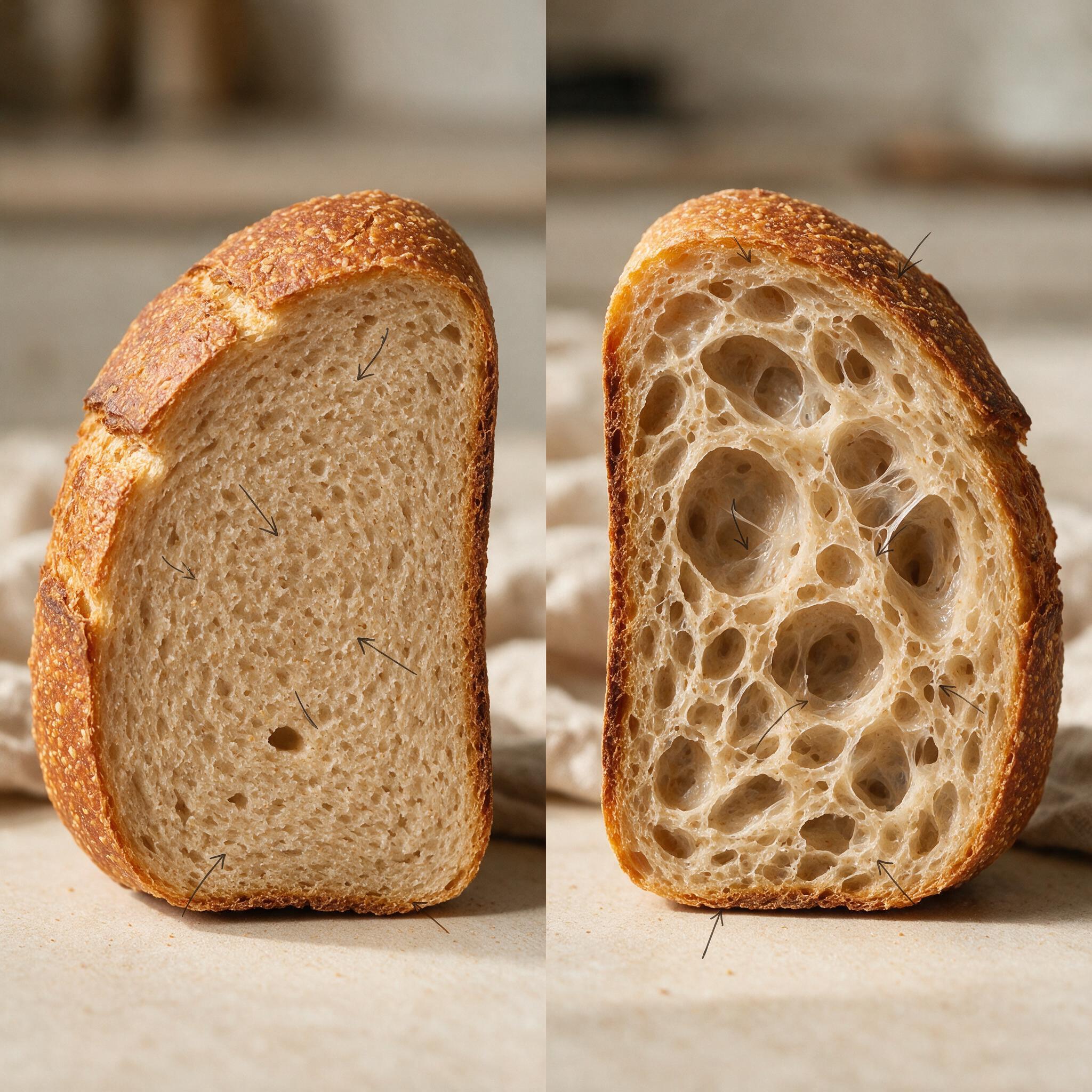 A split-screen comparison photograph: left side a dense tight-crumb sourdough slice, right side the same recipe with pro
