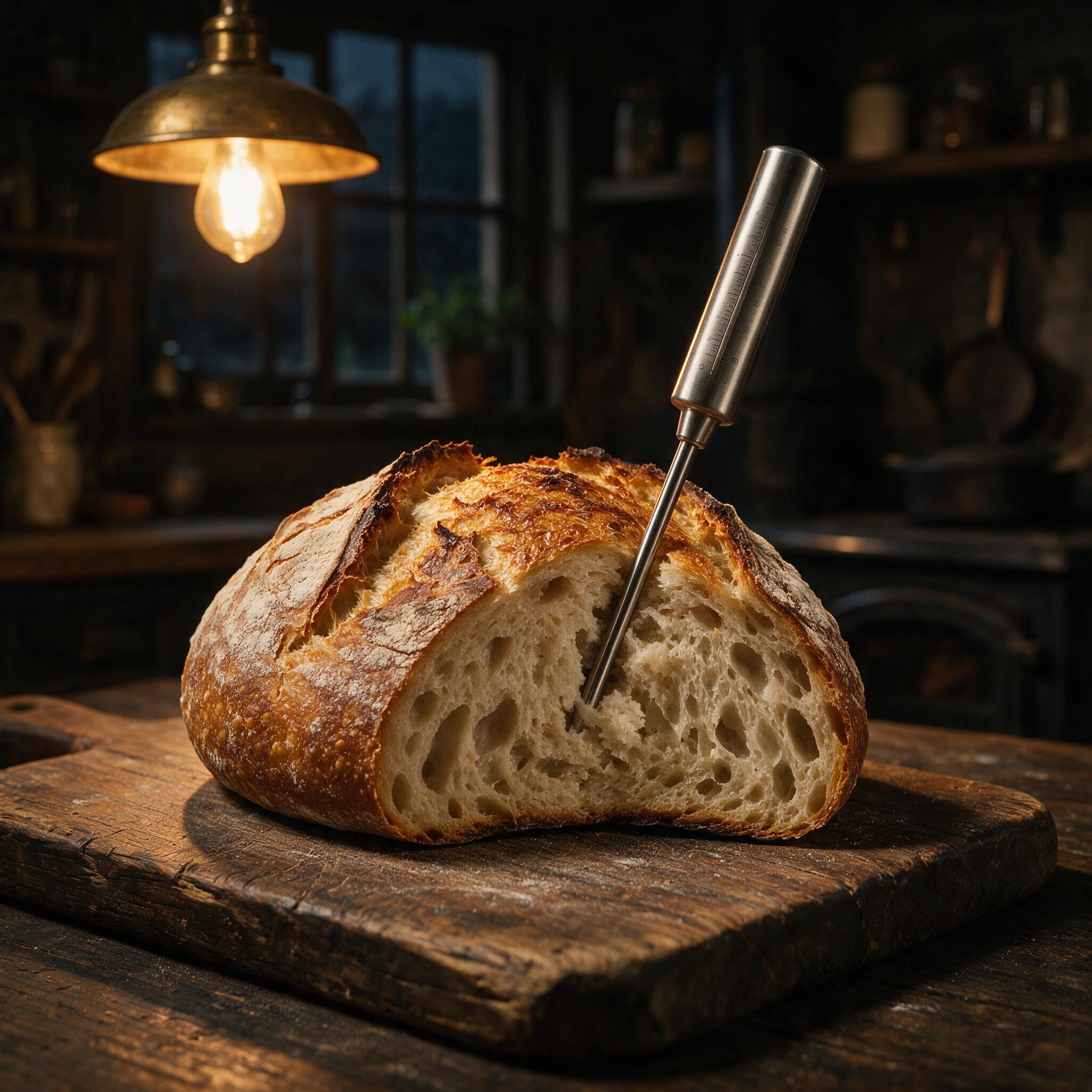 A moody photograph of a sourdough loaf sliced on a wooden board with a thermometer stuck in showing the internal tempera
