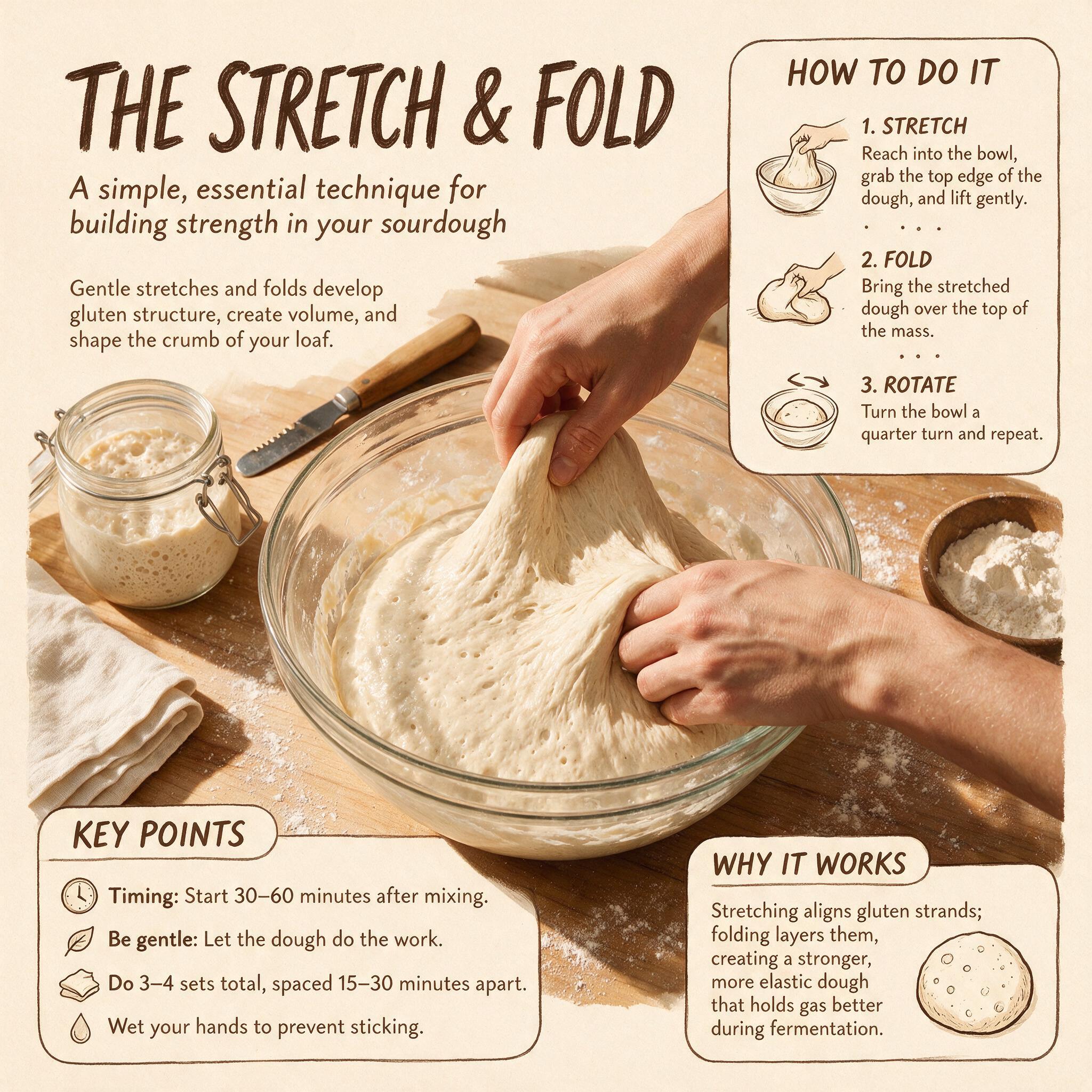 An overhead shot of a baker's hands doing stretch-and-folds on a dough in a glass bowl, the dough glossy and extensible,